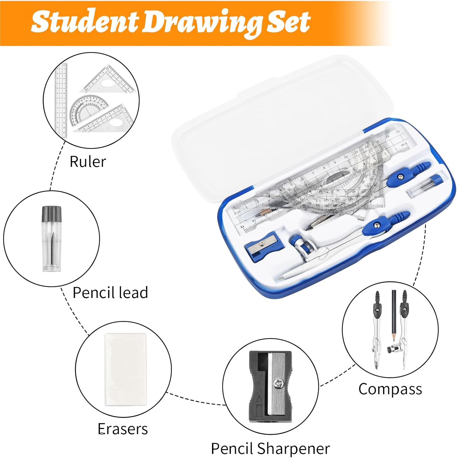 Pack of 10 Compass for Geometry Math Geometry Kit, Geometry Compass Set, Including Set Square, Lead Refills, Pencil, Eraser Sharpener for School Mathematics (Blue) image number 5