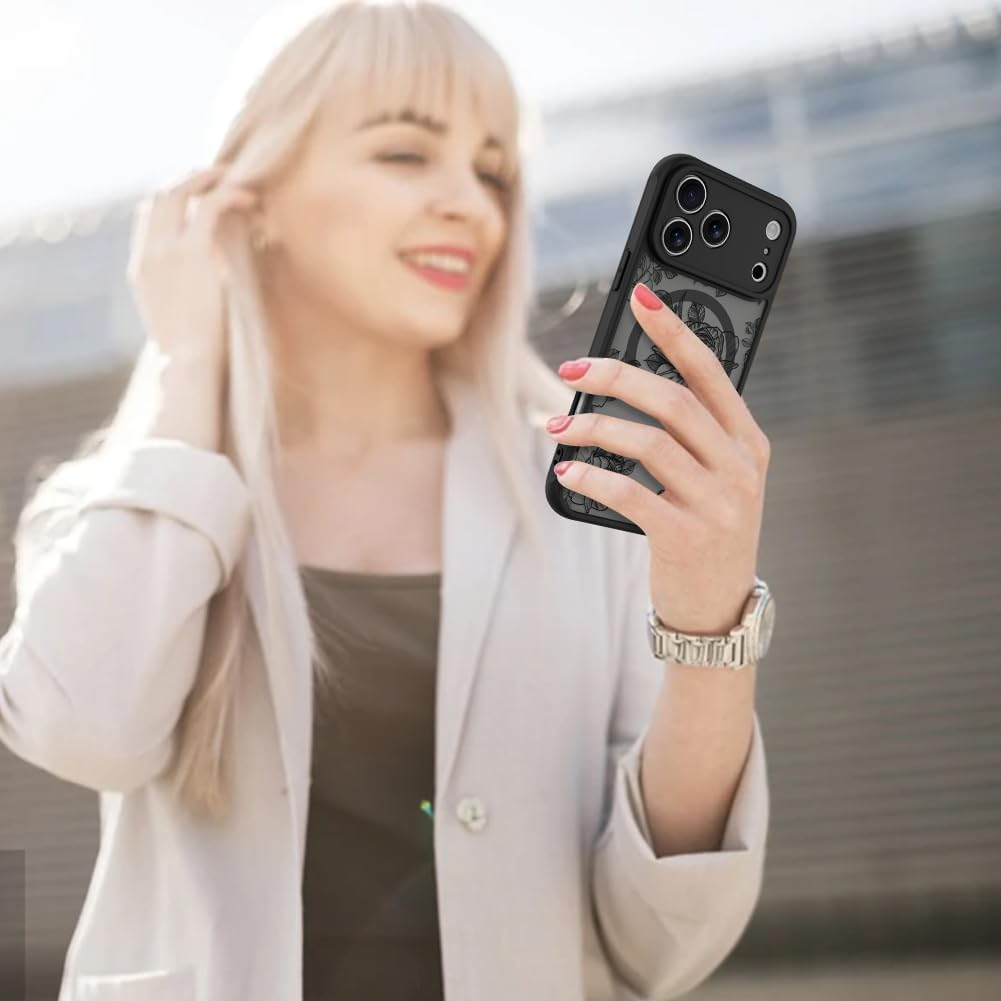 ELEPIK Black Floral Series for Iphone 17 Pro Max Case, [Compatible with Magsafe] [Military Shockproof Protection] Flower Pattern Design Phone Case for Women Girls Slim Magnetic Cover, Black Rose image number 3