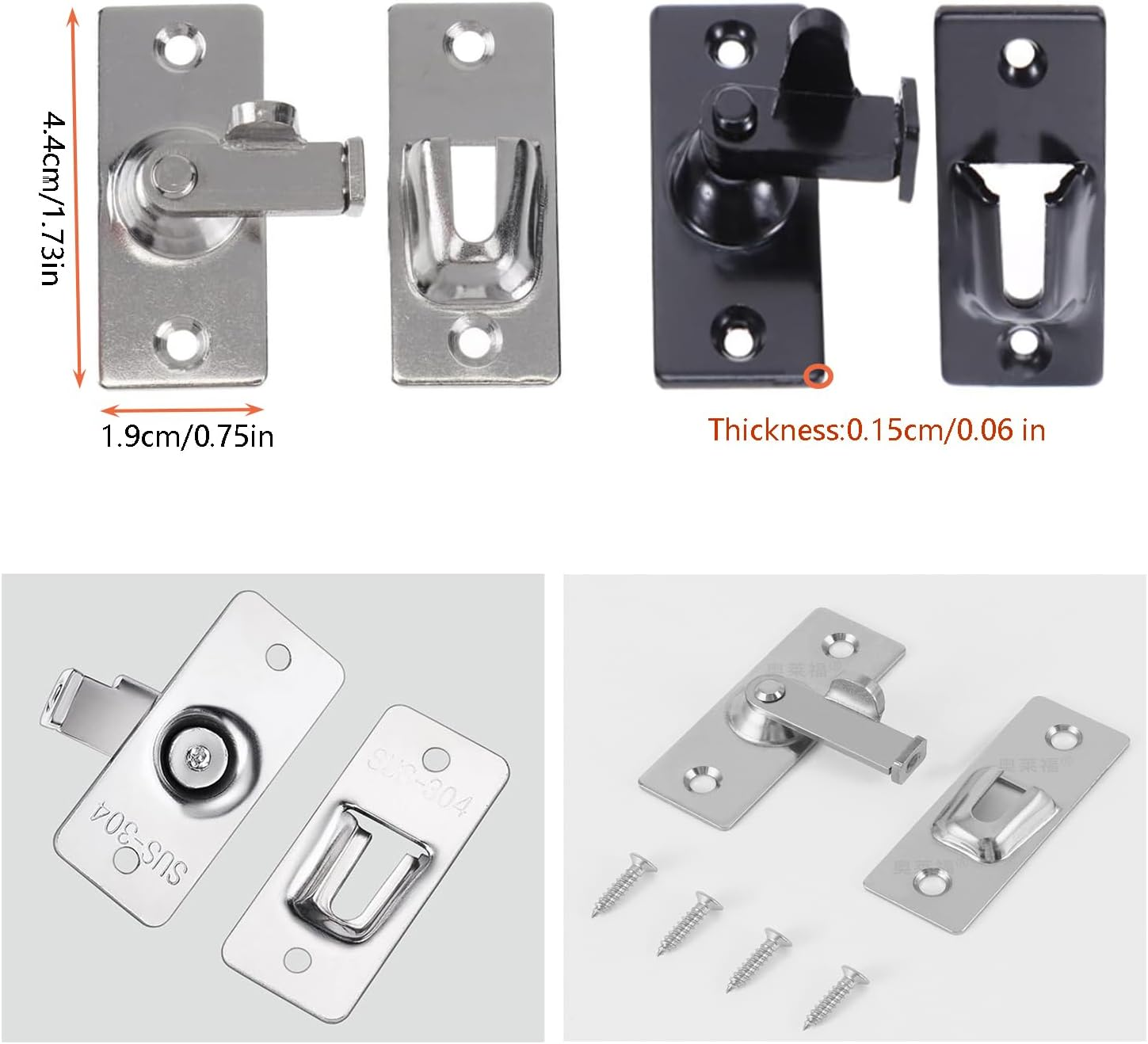 Taicols 90 Degree Door Latch Sliding Door Lock Screen Door Latch Pocket Door Latch,Stainless Steel Safety Angle Locking Latch for Push/Sliding/Barn Door,Right Angle Sliding Door Lock (Silver-4Pcs) image number 4