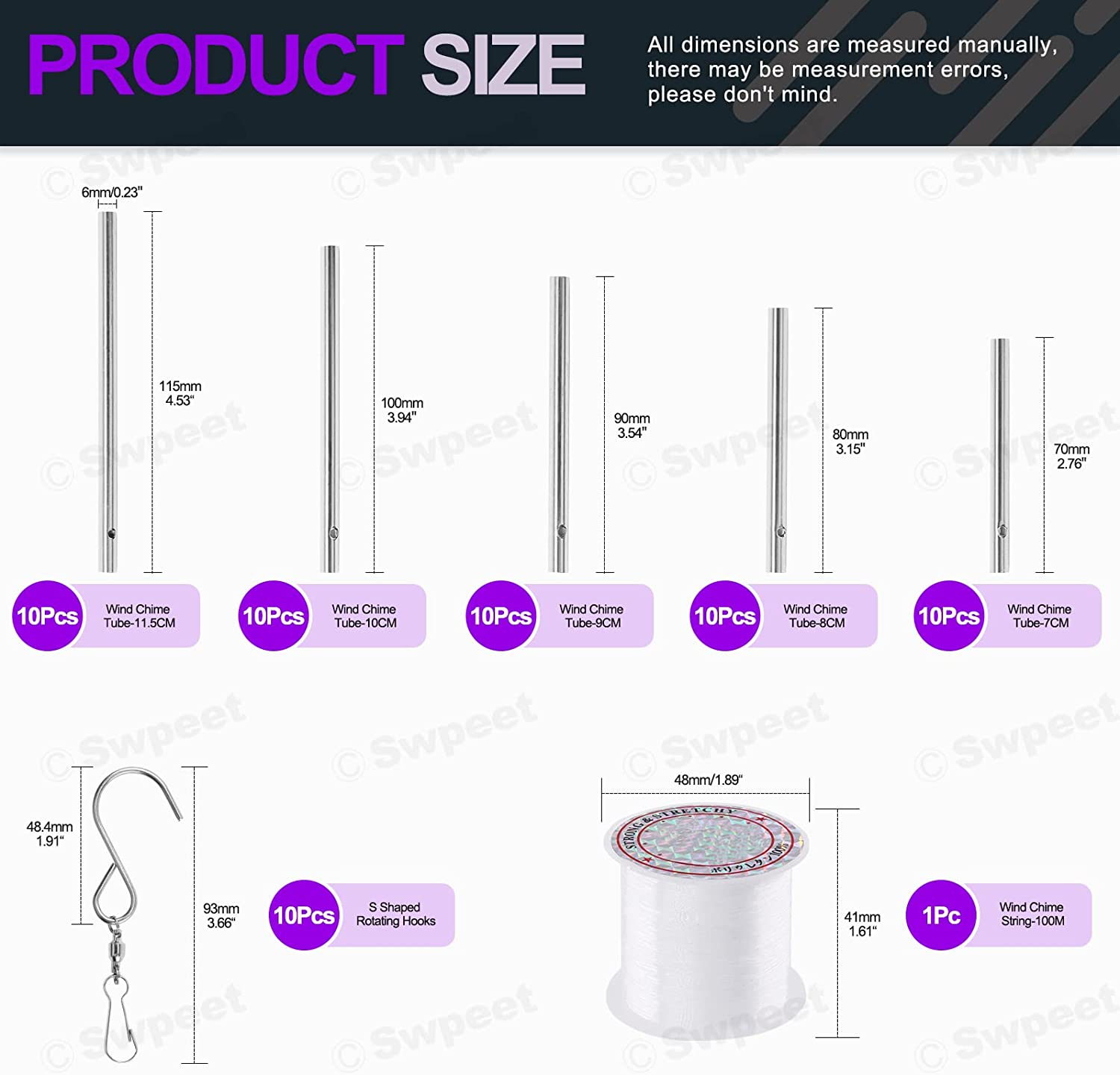 Swpeet 61Pcs Wind Chime Tubes Parts and 100 Yard Wind Chime Wire with Swivel Hooks Clips Making Kit, Wind Chime Supply Wind Chime Part Wind Chime Kit for Crafts DIY Hanging Wind Chimes Ornament image number 5