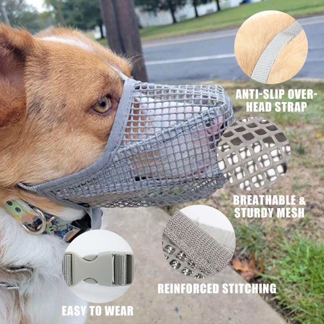 Dog Muzzle, 1X Adjustable Soft Mesh Breathable Dog Muzzle Prevent Eating Biting Barking Mouth Cover for Small Medium Large Dogs (Grey M) image number 2