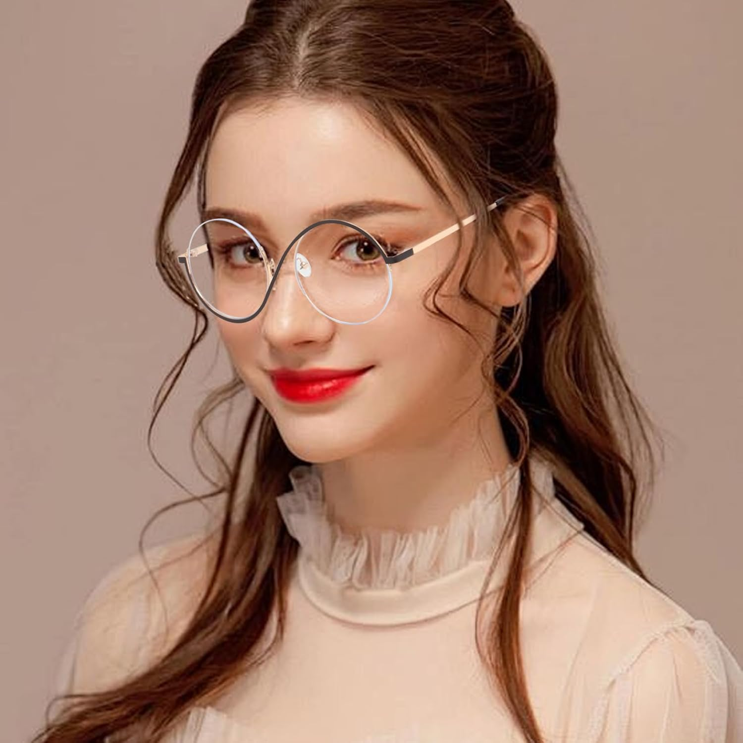 Round Frame Glasses Metal Frame Glasses with PC Lens Non  Glasses Minimalist Trendy Fashion Glasses with Storage Case for Daily Wear, Travel, Photos image number 2