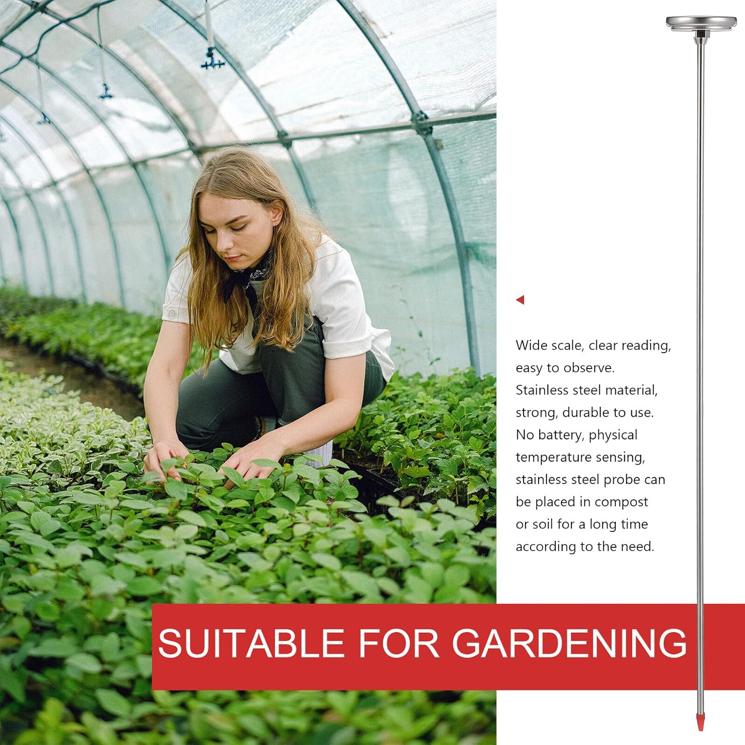 Professional Stainless Steel Compost Thermometer with Extra-Long Probe Accurate Soil Temperature Gauge for Gardening and Composting Clean Measuring Tool