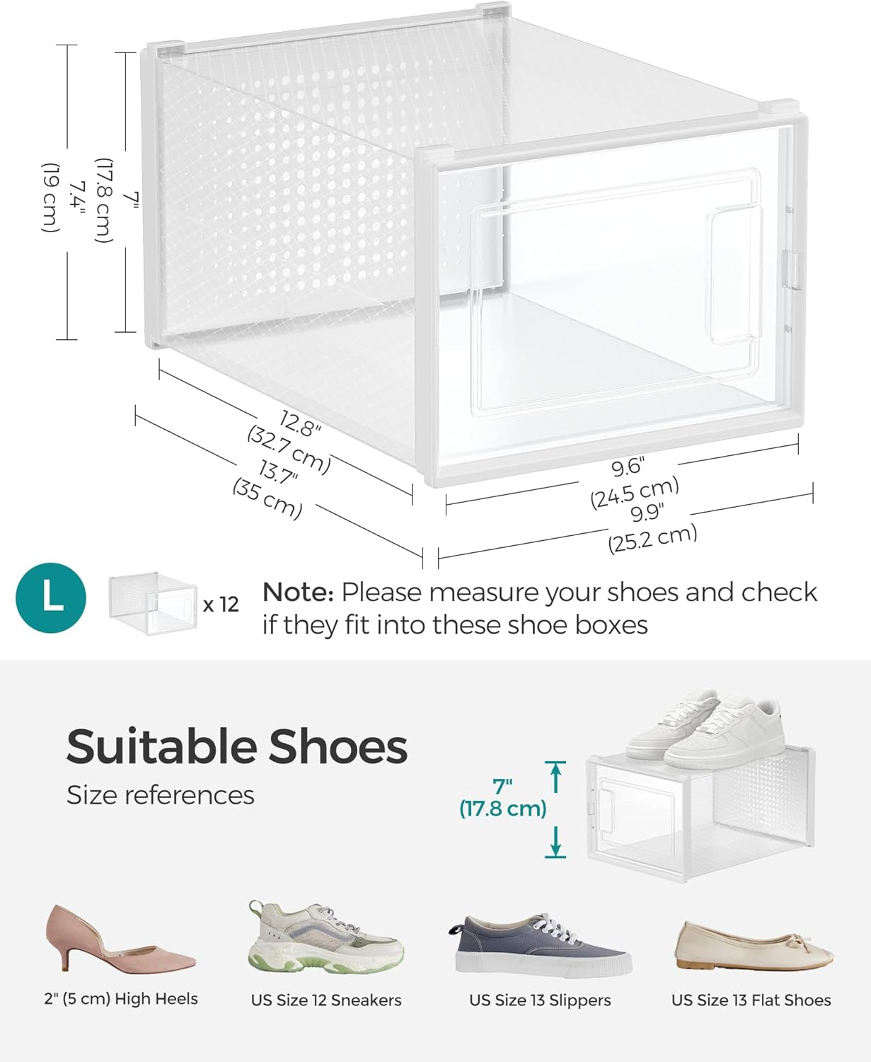 SONGMICS Shoe Boxes, Pack of 18 Stackable Shoe Storage Organizers, Fit up to US Size 9.5 ULSP18MWT image number 3