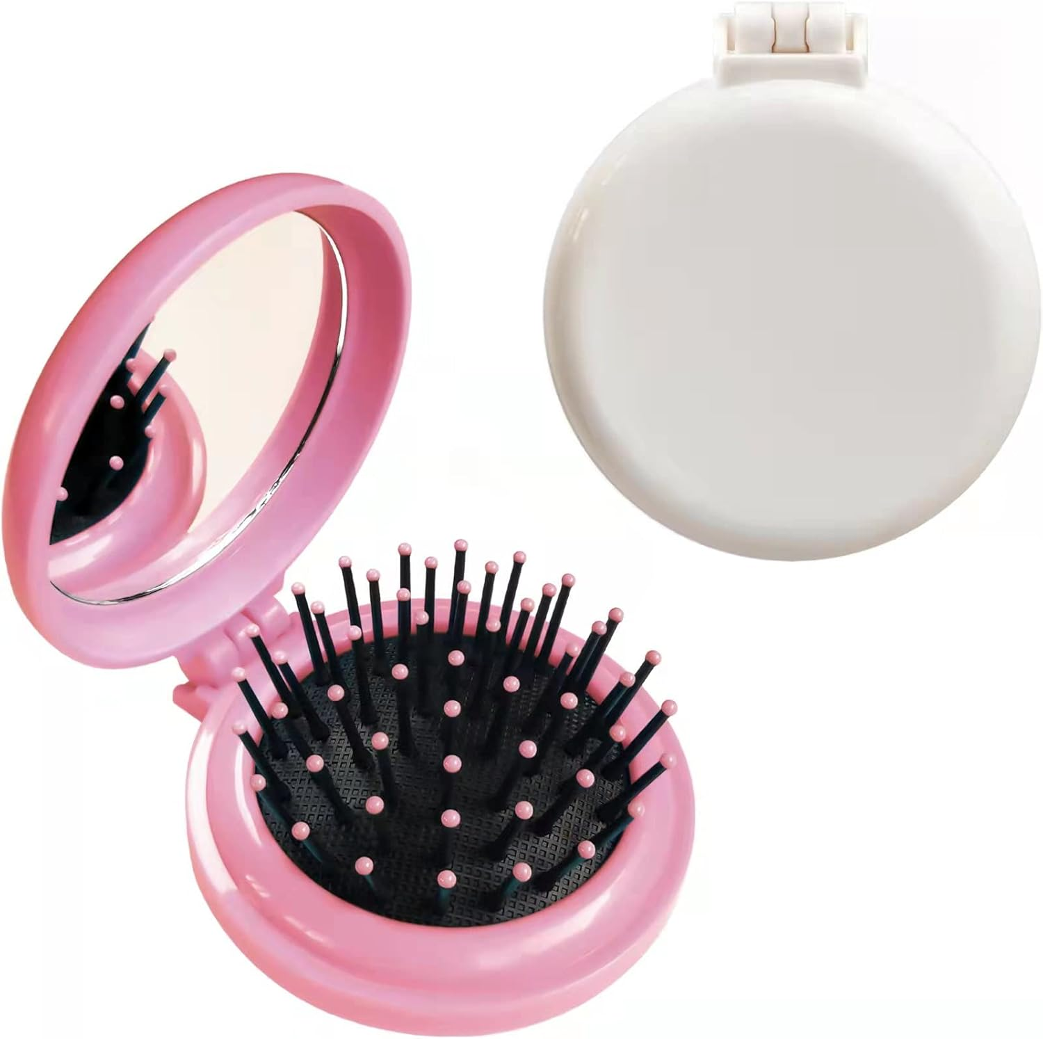 Folding Hair Brush with Mirror for Purse/Pocket,Round Mini Compact Massage Comb for Girls and Women (Black+White)