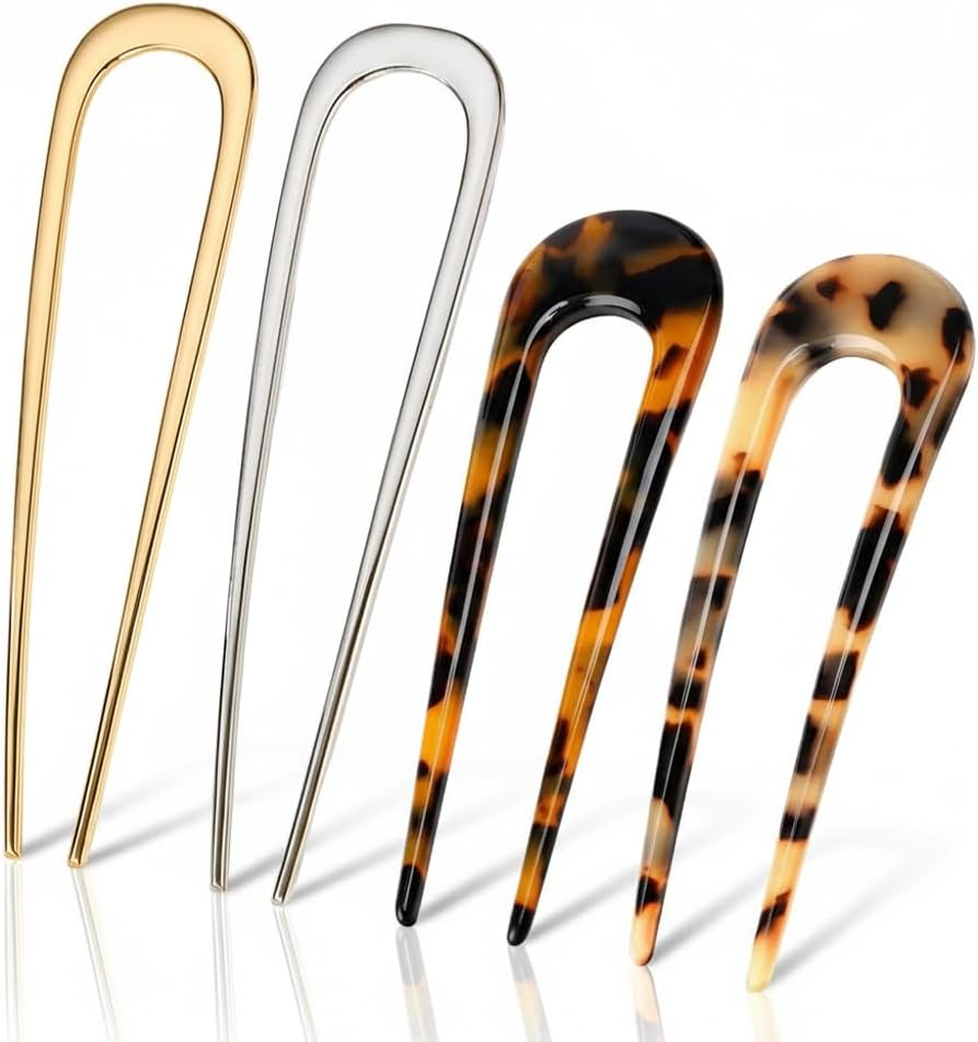 4 Pcs U Shaped Hair Fork Set for Women, Metal French Hair Pins in Gold & Silver with 2 Tortoise Shell Hair Sticks, Strong Hold Bun Pin for Updos Thick Hair Styling Bridal & Everyday Use image number 2