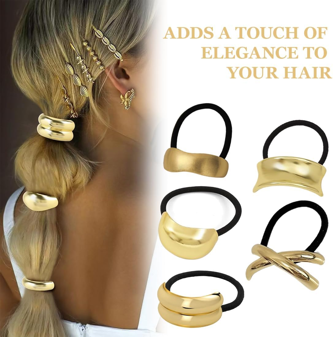 YUZNA Pack of 5 Elastic Metal Hair Bobbles for Ponytails, Thick Hair, Hair Accessories for Women (Gold) image number 5