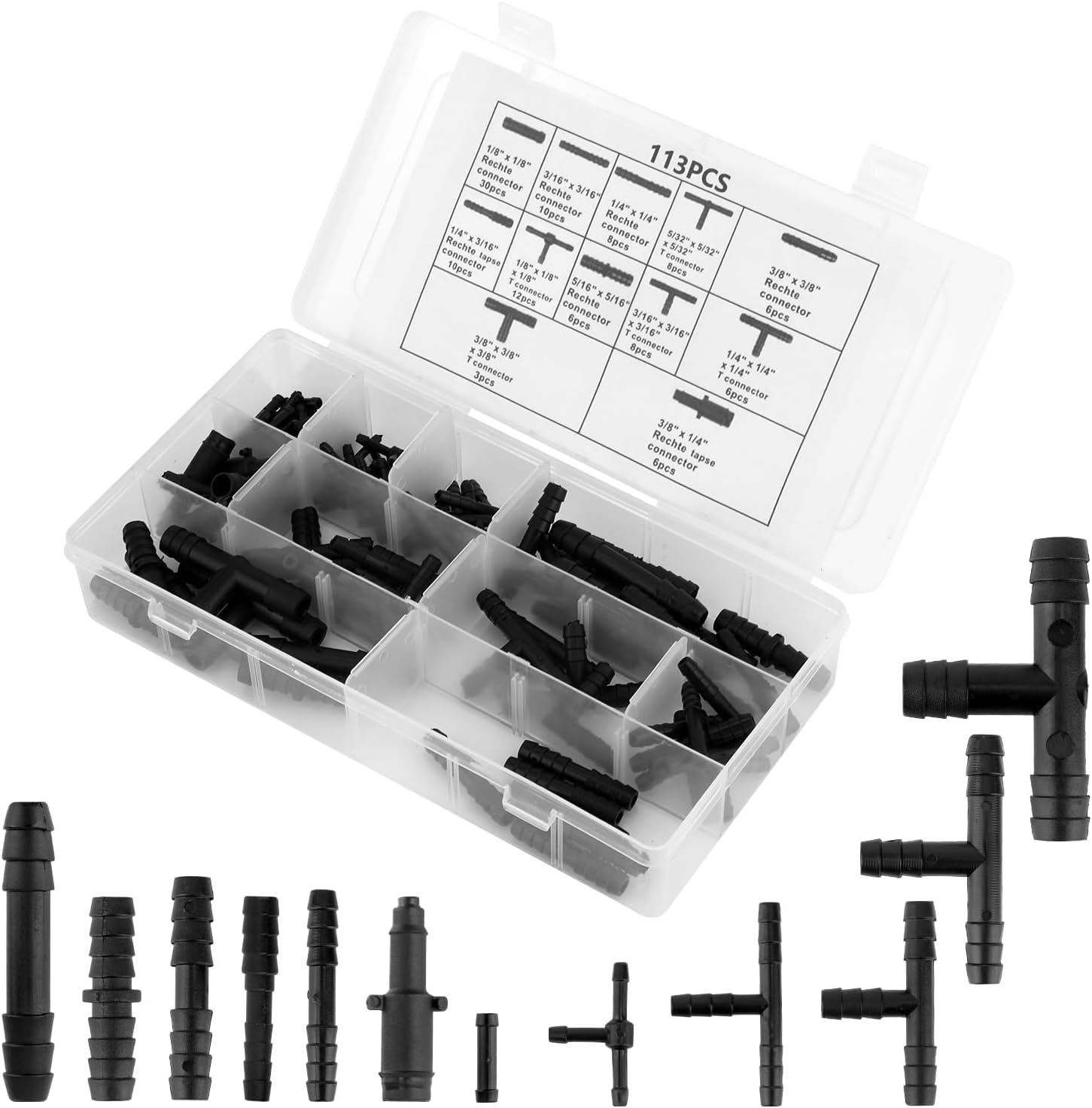 113Pcs Vacuum Connector Assortment, Automotive Vacuum Tubing Connector Vacuum Hose Connector Tee/Straight/Reducer Vacuum Line Connectors Vacuum Fittings (12 Sizes) image number 6