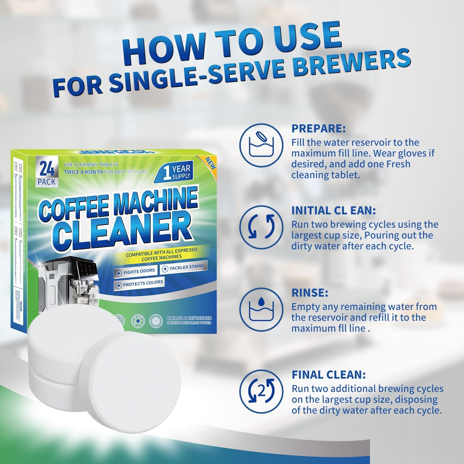 Coffee Machine Cleaner Descaler Tablets - 24 Count Compatible with Keurig, Ninja, Delonghi, Miele, Coffee Maker Pot Descaling,Descaling and Cleaning Tablets for Coffee Pot & Machines image number 1