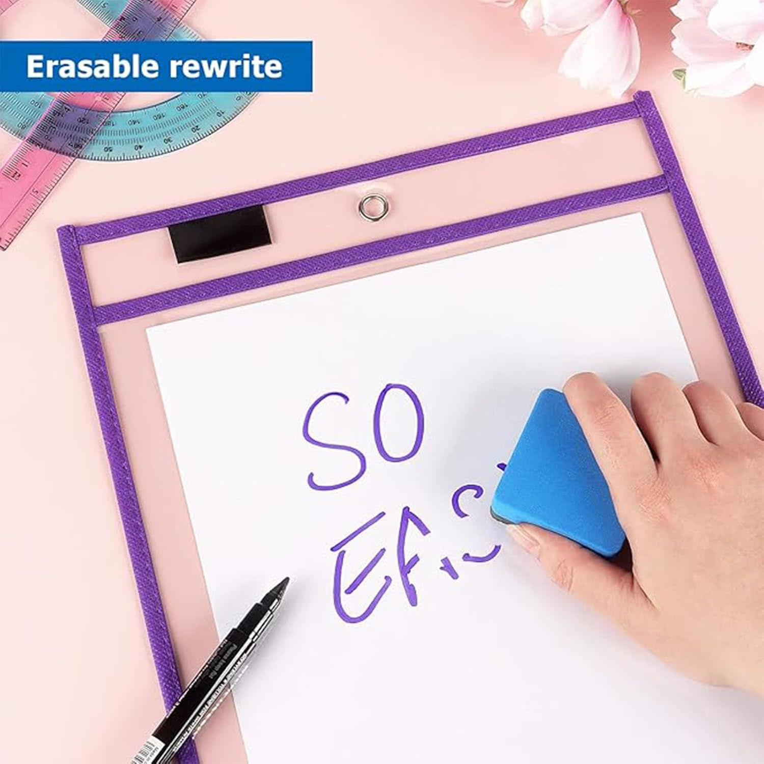 10 Pack Reusable Dry Erase Pockets, 10 Colors, Clear Plastic Sheet Protectors, 10X13 Inch, Write and Wipe Clean for School, Classroom & Office Supplies image number 1