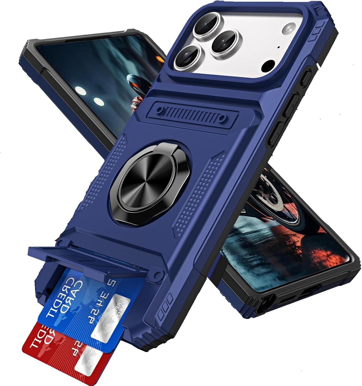 QIWEIQING Case for Iphone A, Military-Grade Shockproof Built-In Kickstand Phone Case Slide Camera Cover Removable Card Holder Anti-Scratch Rugged Bumper Cover for Iphone A. Black LM