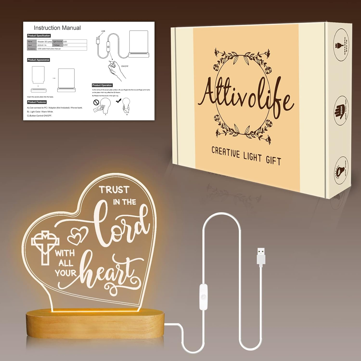 Attivolife Jesus Night Light, Lord Gift with Warm White Light with Wood Base, the Sacred Home Decor Xmas Birthday Easter Thanksgiving Day Gift Lord Desk Lamp for Christian Saint - Lord image number 2