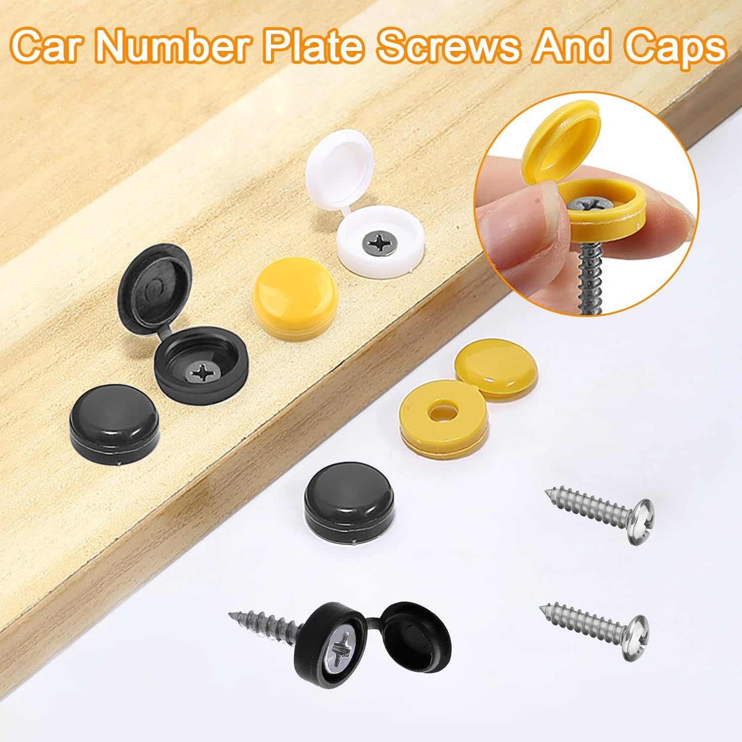 48 Pcs Number Plate Screws and Caps Set, 12 Black, 12 White and 12 Yellow, 12 Self Tapping Screws, License Plate Screw Caps Car License Plate Fixing Devices image number 1