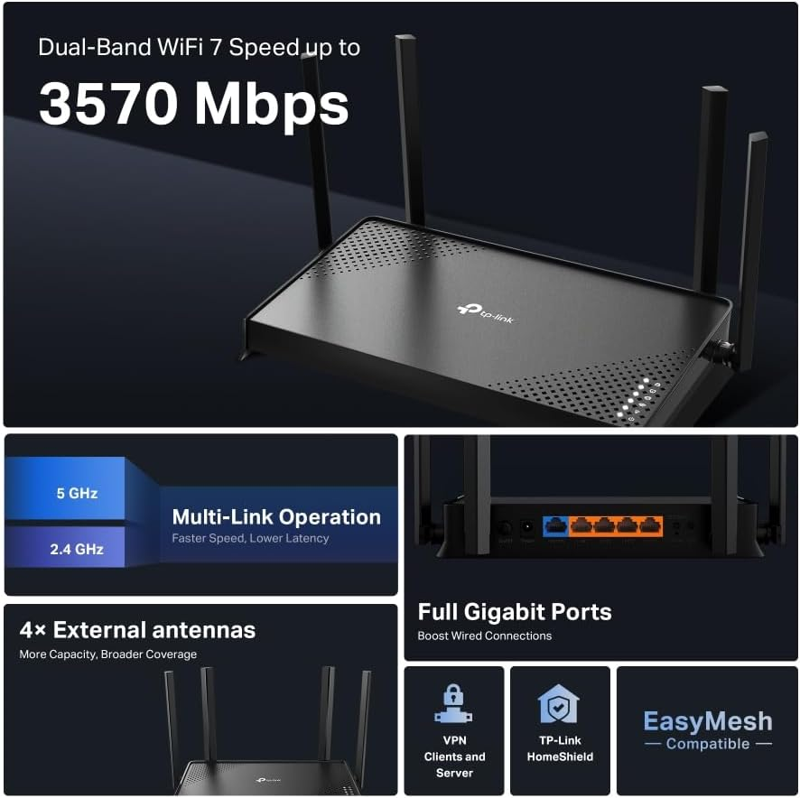 Tp-Link BE3600 Dual-Band Wi-Fi 7 Router, Wireless & Wired, up to 3.6Gbps, Gigabit Ports, MLO, Gaming & Streaming, Easymesh Compatible, Easy Setpup, Homeshield Security, VPN Supports(Archer BE220) image number 3