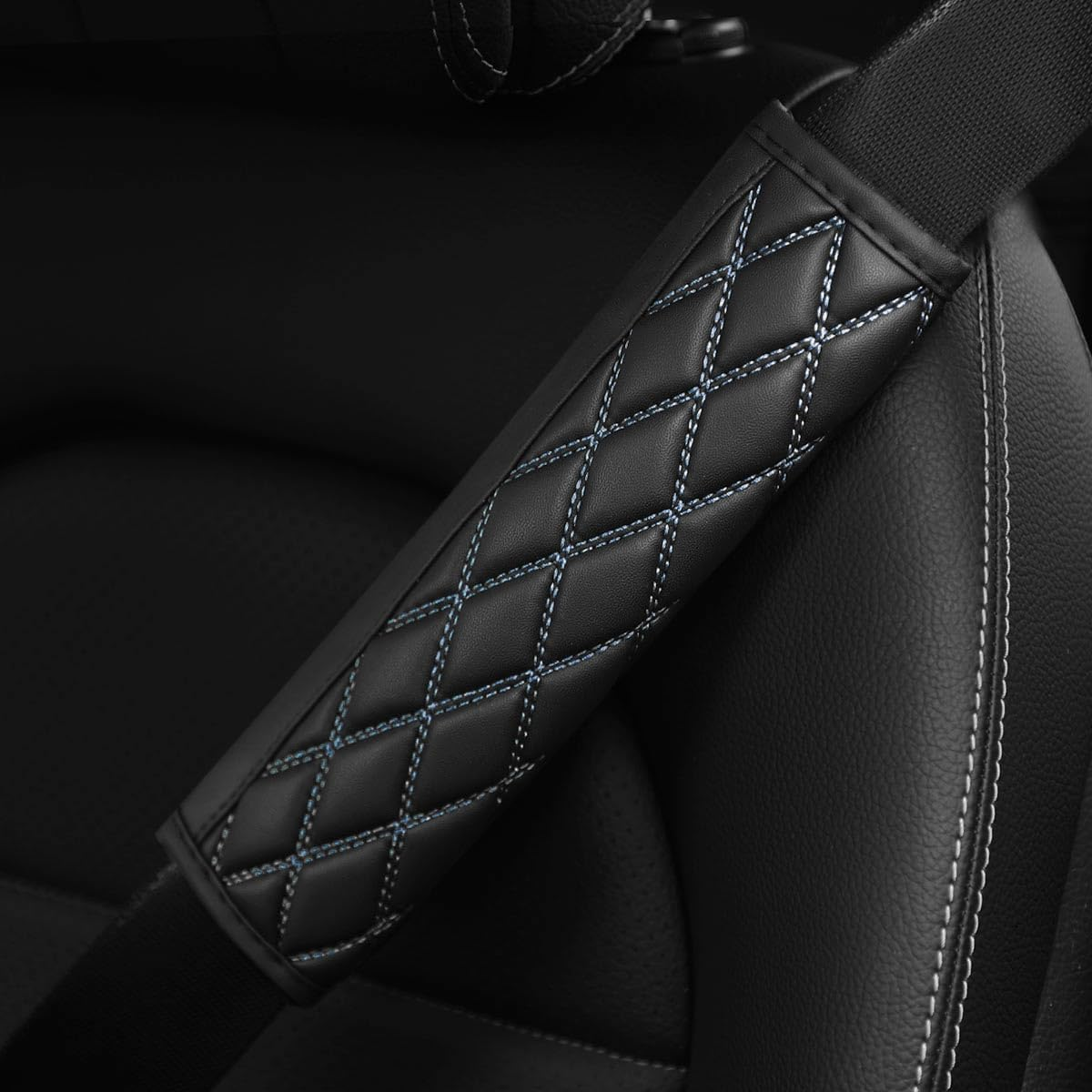 Car Seat Belt Pads, 2PCS Leather Seatbelt Covers Protect Your Neck and Shoulder & More Comfortable Driving, Harness Pad for All Cars and Backpack Strap, Car Interior Accessories (Black/Gray) - Black/Blue image number 2