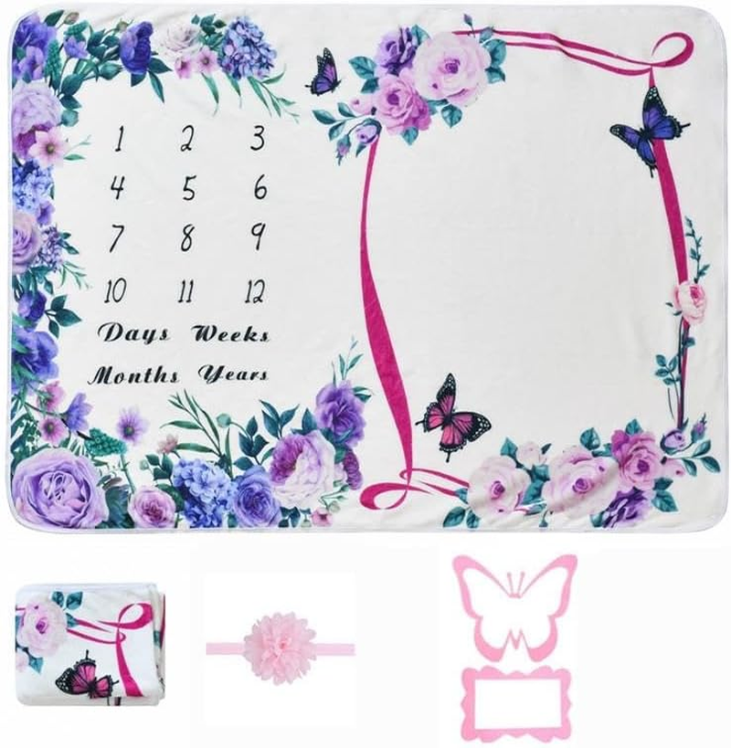 Baby Monthly Milestone Blanket for Baby Girl 59"X39" Floral Photo Prop Age Milestone Blanket with 2 Felt Floral Wreath Frame(Purple,Flower) image number 4