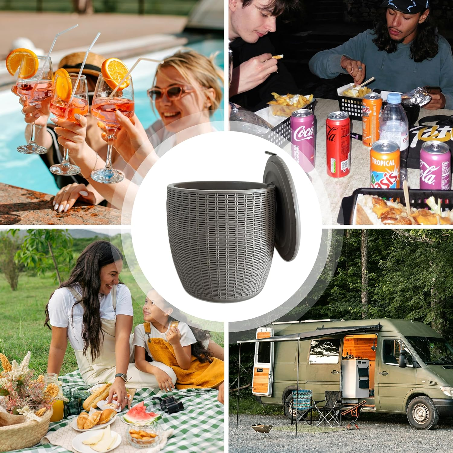 Rattan Outdoor Storage Stool, Outdoor Furniture, 37L, Ice Cooler, Wicker round Ice Chest, Outdoor Patio Bar Table, Beverage Bucket with Drain Plug for Poolside, Deck, Party, and BBQ image number 2