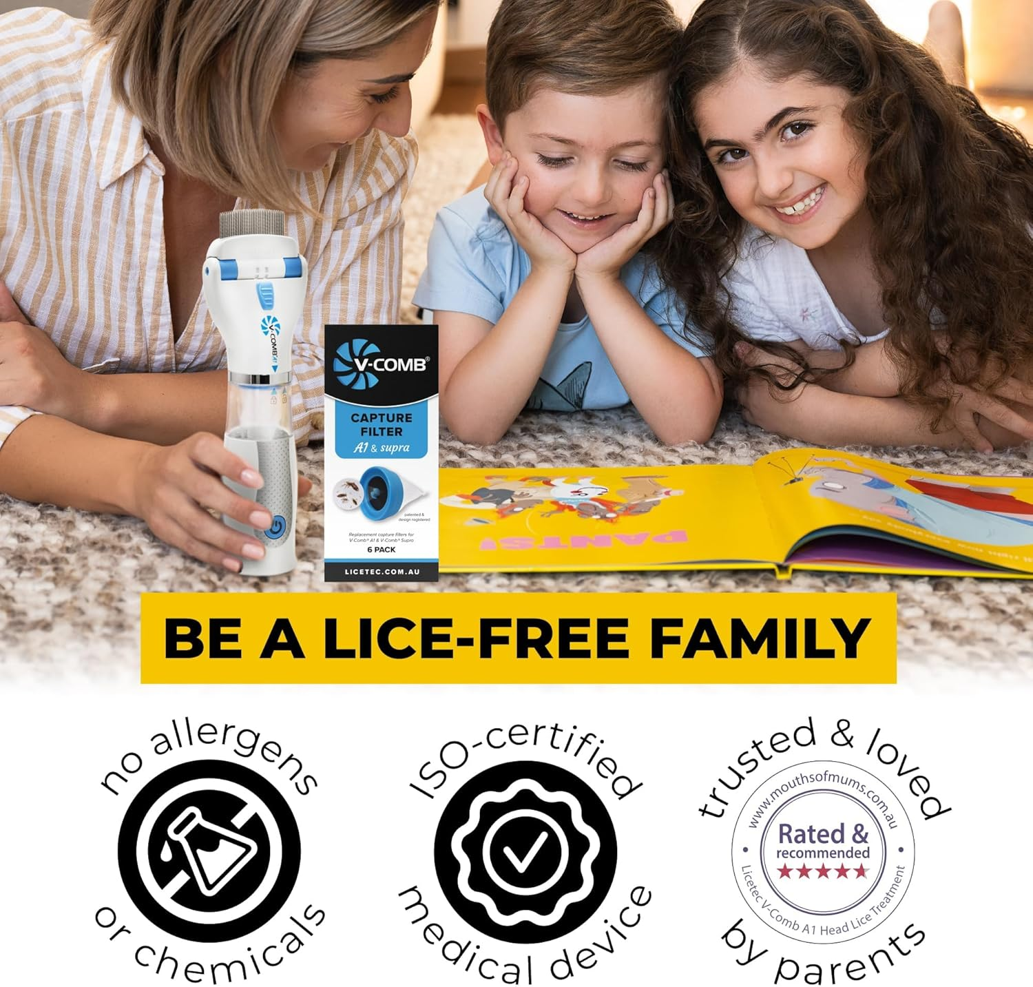 A1 Rechargeable Chemical-Free Lice Removal Electric Comb, Pack of Refill Filters, Natural Head Lice Solution for Children & Adults, Electric Lice Vacuum Comb, for All Hair Types, Gentle Lice Care image number 2