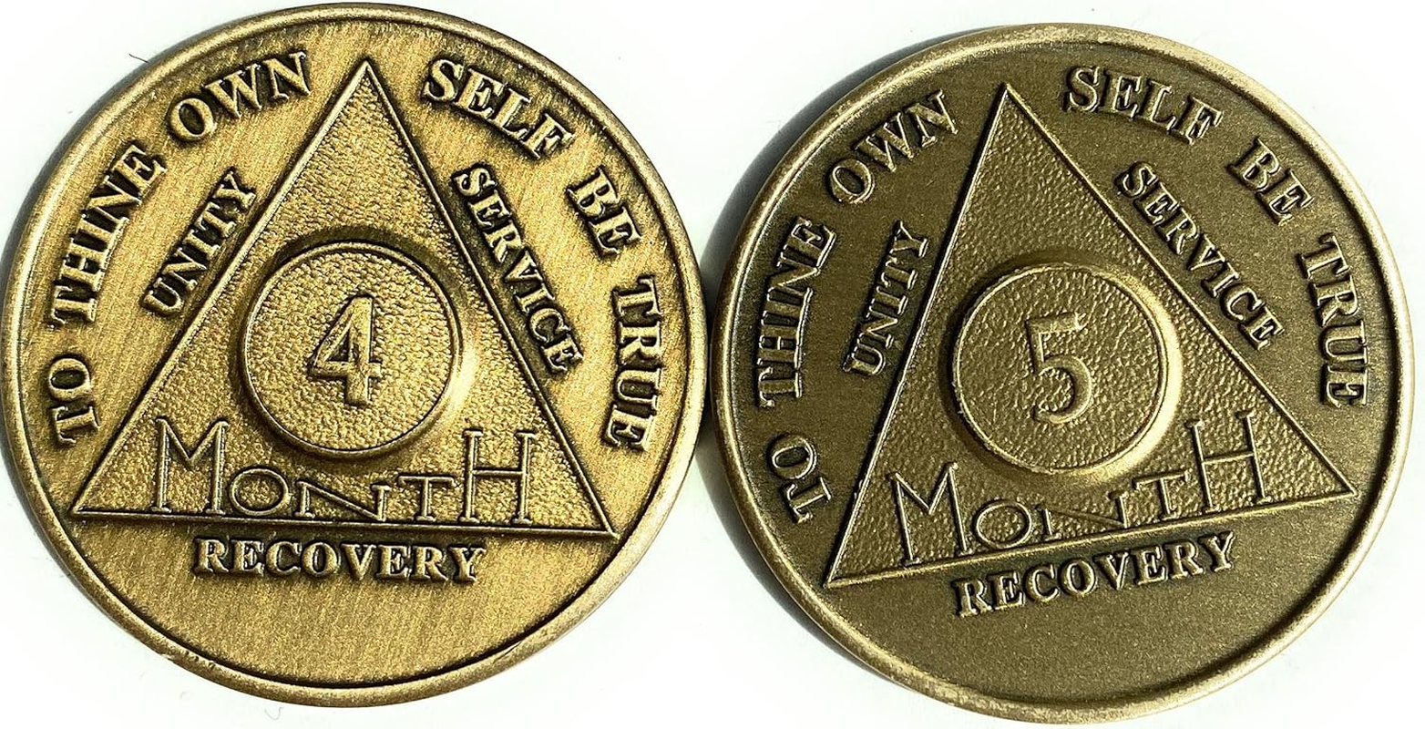 Wendells 4 Month and 5 Month Bronze AA Medallion Sobriety Chip Set image number 3
