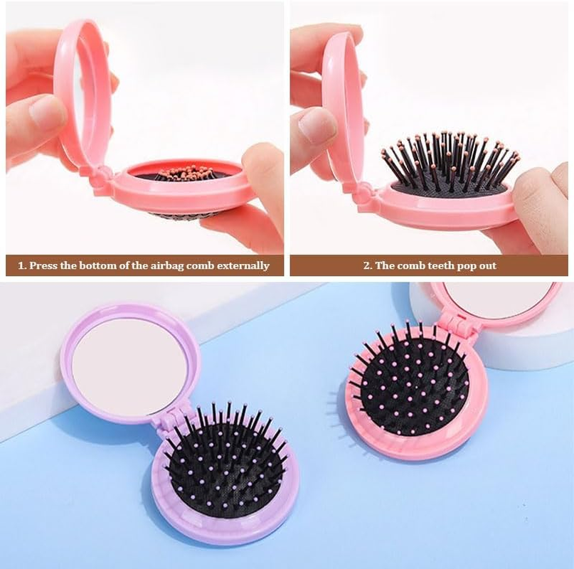 2Pcs Mini Foldable Hair Brush, Scalp Massage Function round Pocket Hair Brush for Travel, Home, and Office Use (White)