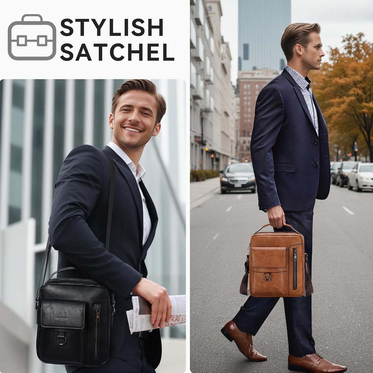 VASCHY Messenger Bag for Men, Vintage Small Vegan Leather Crossbody Handbag Shoulder Sling Side Bag for Casual, Work - Coffee image number 4