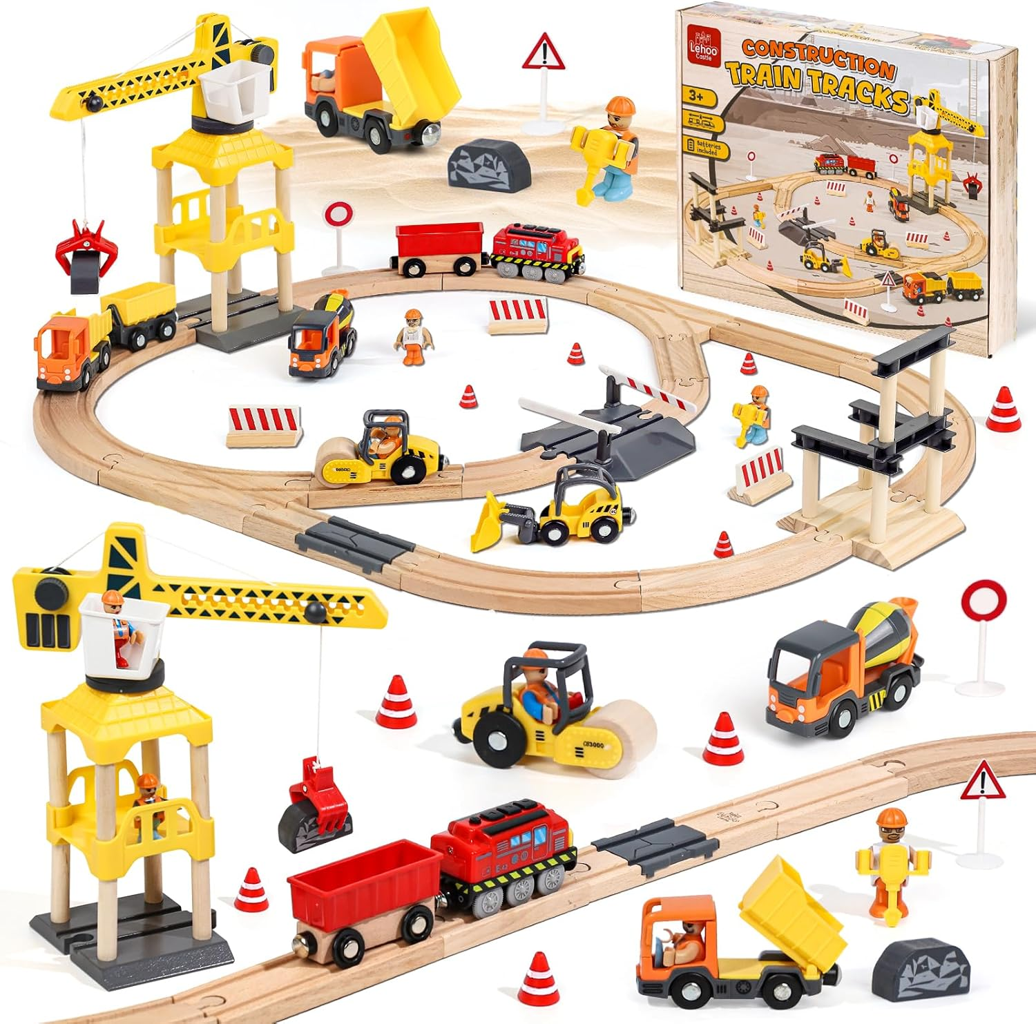Lehoo Castle Wooden Toys, Wooden Train Set, Building & Construction Toys Trains & Train Sets, Kids Toy S for 3 4 5 Year Old Boys with Excavators, STEM Toy for Boys Girls image number 2