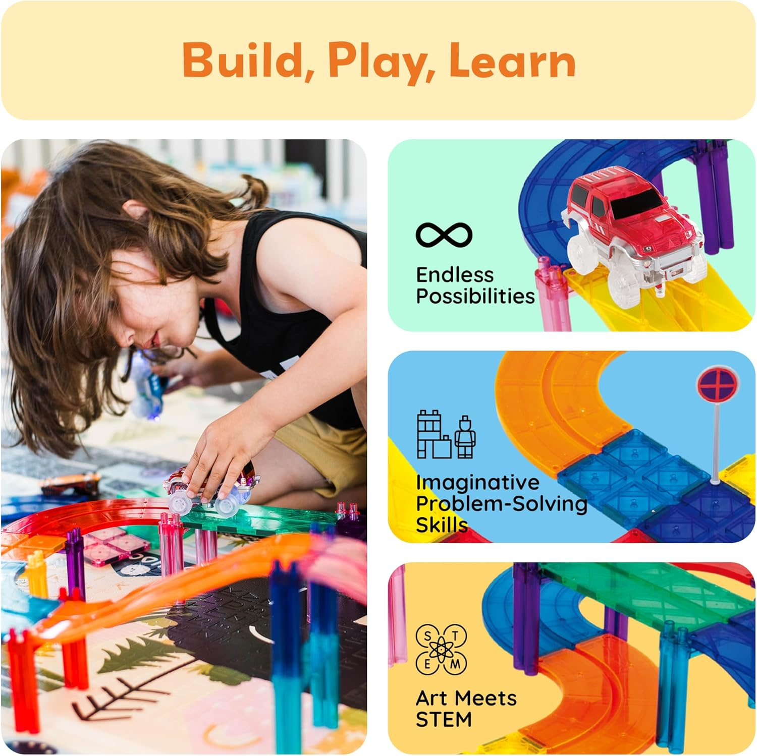 Picassotiles 100 Piece Race Car Track Building Blocks Educational Toy Set Magnet Tiles Block Playset 2 LED Cars STEM Learning Construction Building Kit Child Brain PTR100&hellip; image number 6