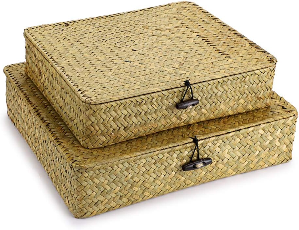 SUMNACON 2 X Rattan Baskets Made of Natural Seagrass with Lid Handmade Storage Box Storage Baskets Organiser Basket for Kitchen Bathroom Bedroom Large + Small (Rectangular, White)