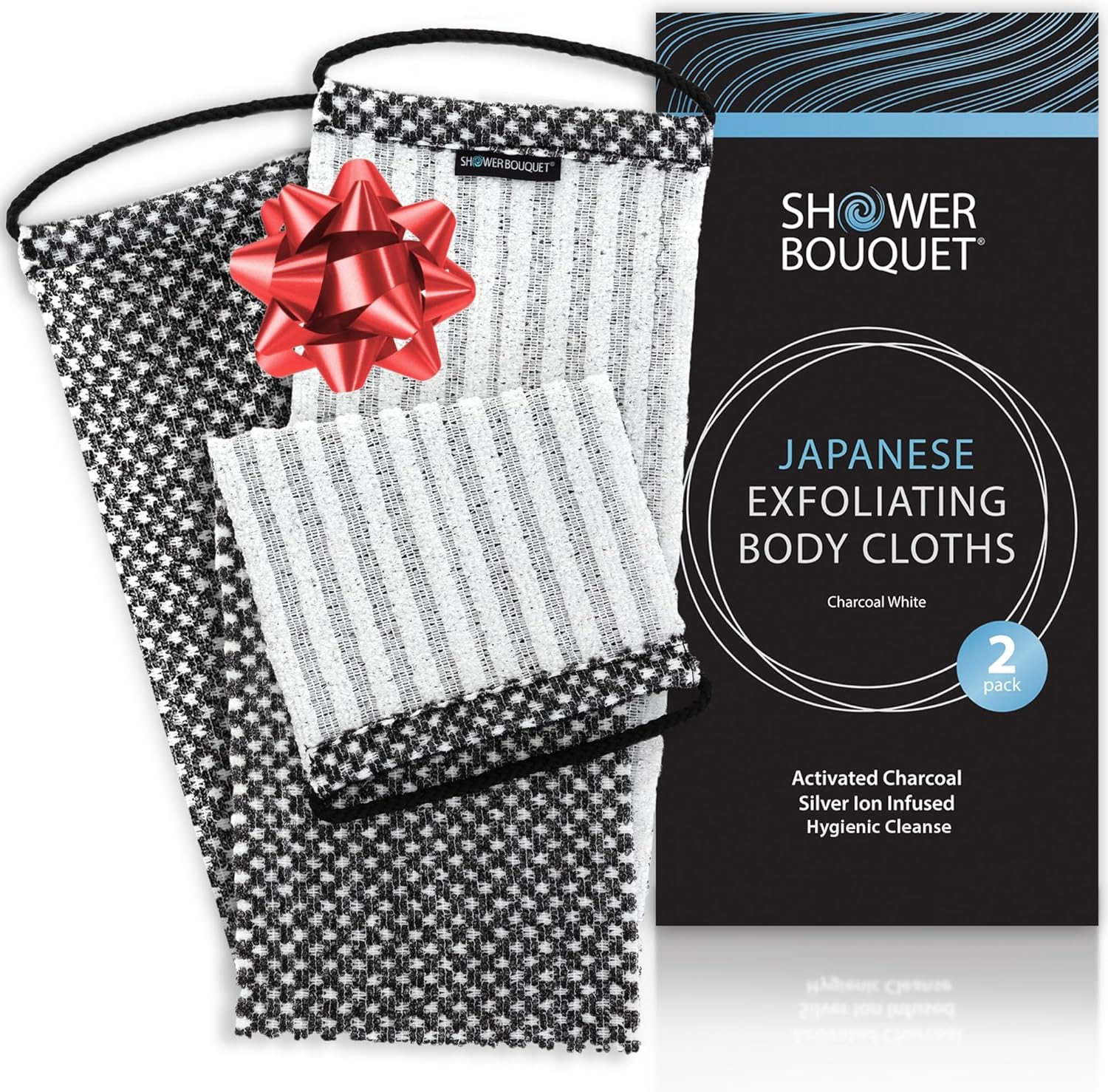 Japanese Exfoliating Washcloth Back & Body 2-Pack by Shower Bouquet: Silver Ions Prevent Bacteria, Activated Charcoal Removes Impurities; 1 Charcoal Blue, 1 Charcoal Green Exfoliating Towel, Soft Mild