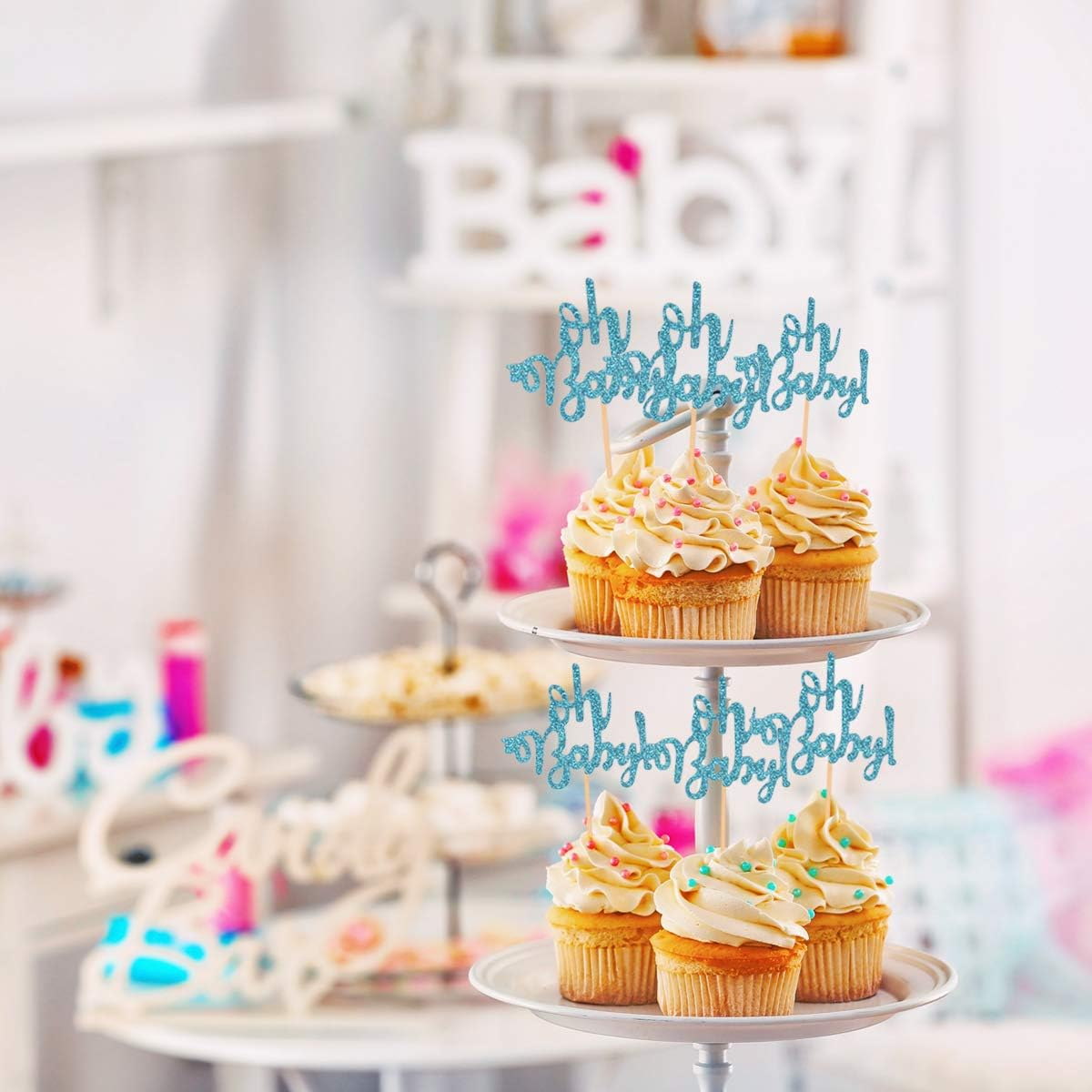 Donoter 48 Pcs Blue Glitter Oh Baby Cupcake Topper Picks for Baby Shower Party Cake Decorations - 10.26-Hmfgm-0332 image number 4