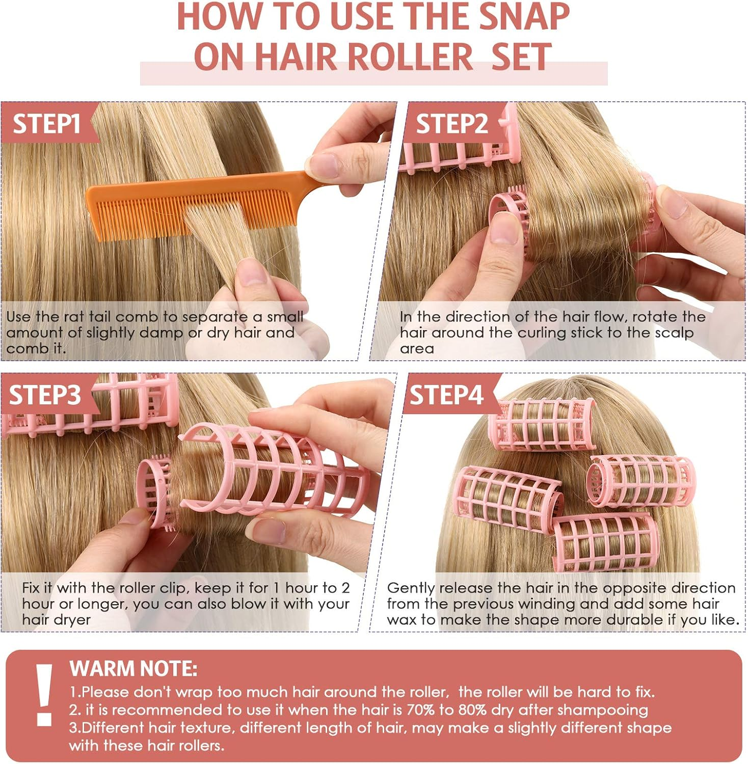 Syhood 12 Pieces Snap Hair Roller, Large Size Plastic Hair Rollers Curlers with Rat Tail Comb for Hairdressing Styling Tools(6.8 X 3 Cm,Peach Color) image number 2