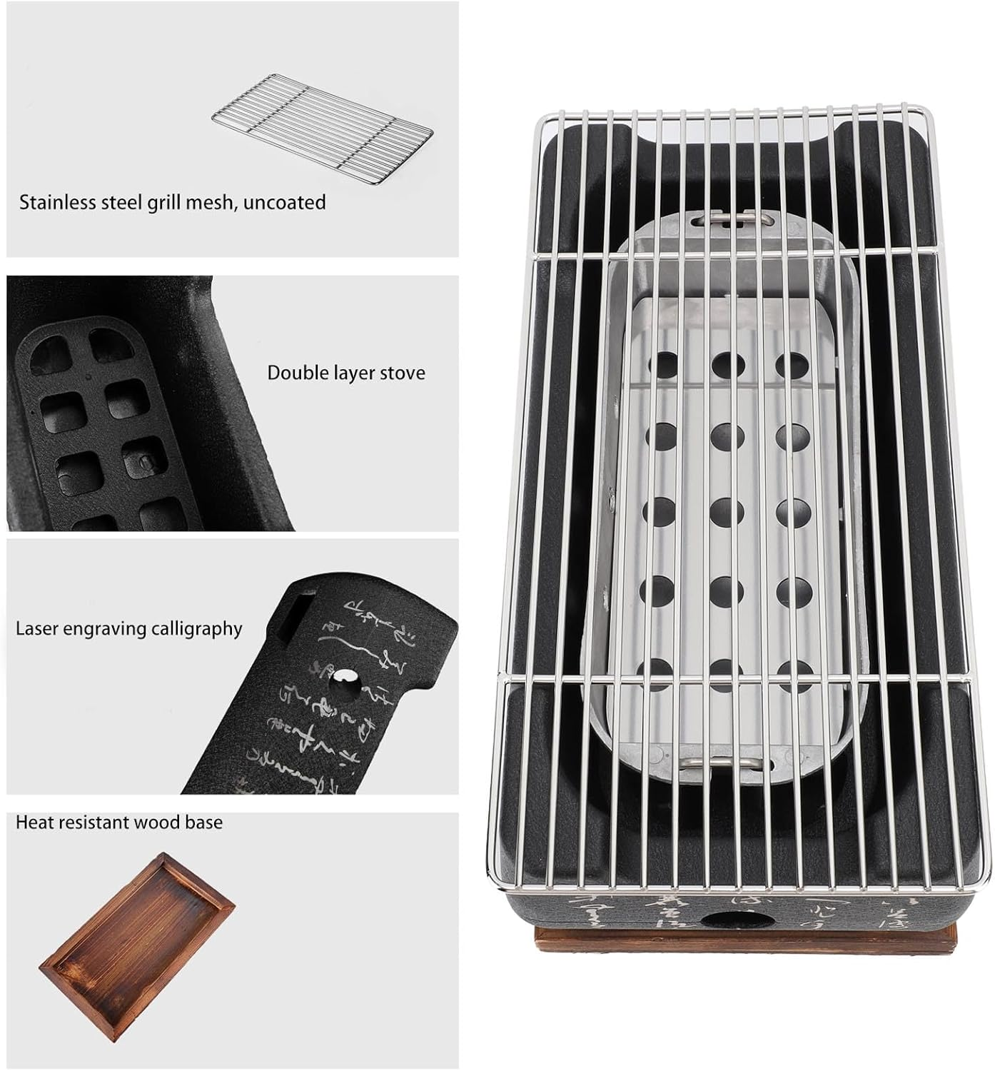 Japanese Style Barbecue Grill, Rectangular Aluminium Alloy Japanese Food Charcoal Stove with Wire Mesh Grill and Base, BBQ Grill for Outdoor Camping Hiking Picnics (XL) image number 6