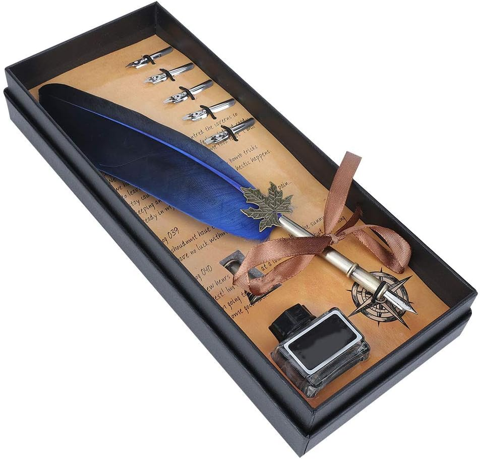 Feather Quill Pen Set, Retro English Calligraphy Dip Pen with 5 Alloy Nibs Antique Set Luxury Vintage Signature Lightweight Writing Ink Stationery Gift Box for Friend Teacher Family(Blue)
