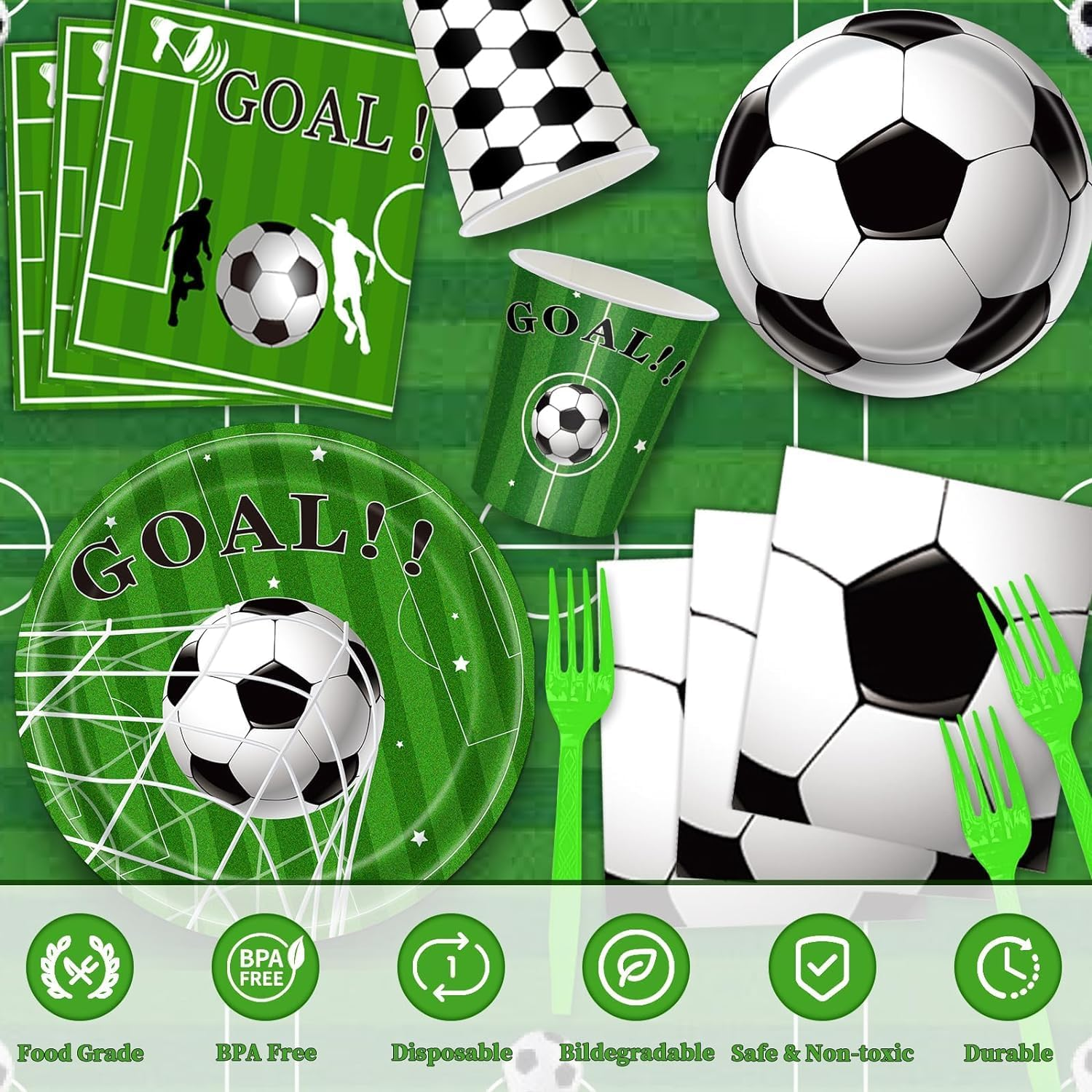 Soccer Party Decorations, 143Pcs Soccer Birthday Party Supplies Serves 24 with Soccer Plates and Tablecloth and Birthday Banner Balloons for Soccer Sports Theme Birthday Decorations image number 4