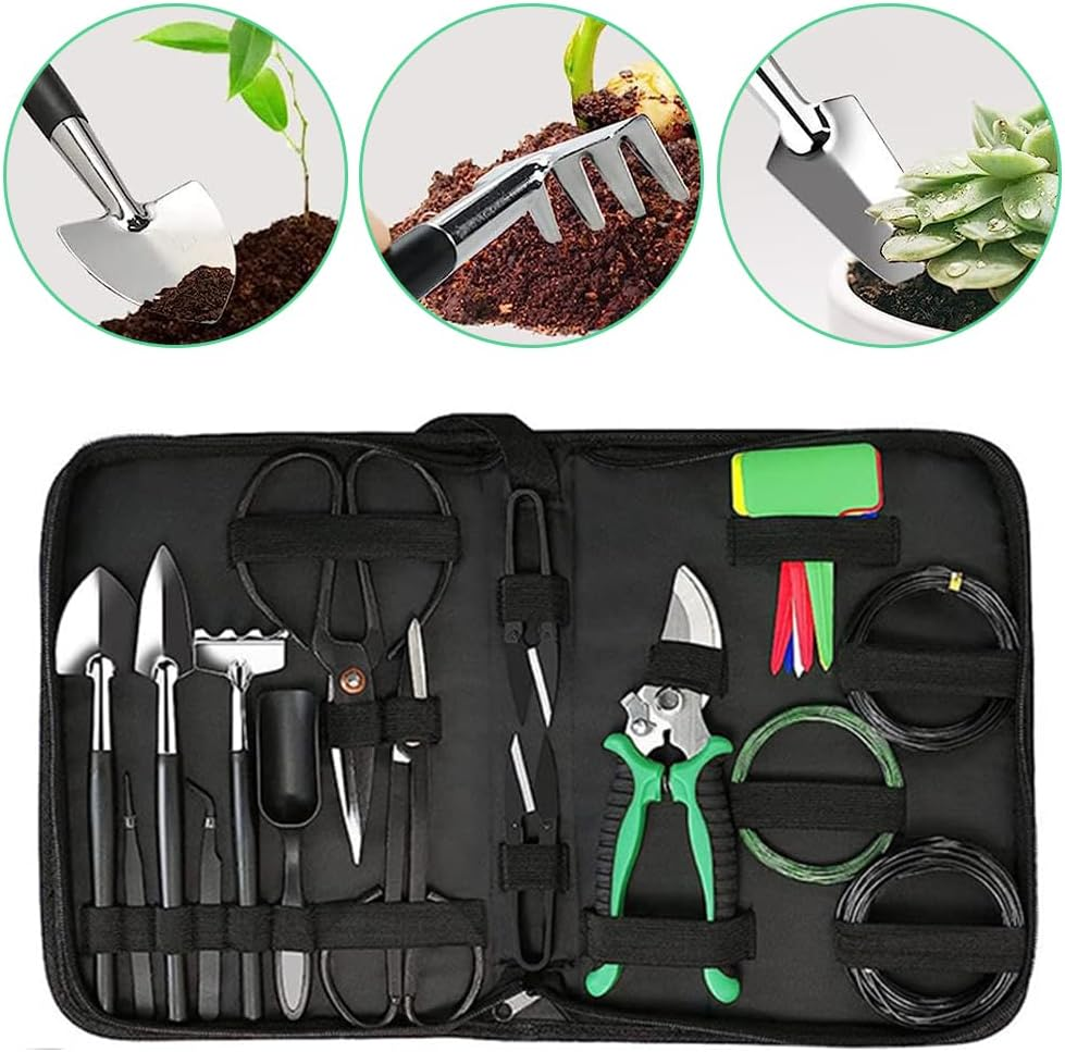 MOTRAIN Gardening Bonsai Tools Set, 24 PCS Carbon Steel Bonsai Tree Kit Tools for Beginners, Plant Trimming Tool Kit Tree Care Bag with Bonsai Wire, Pruning Shears,Scissors, Rake, Shovel, Leaf Cutters image number 4