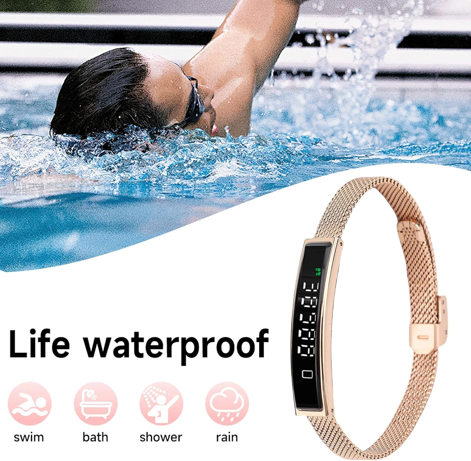 Smart Bracelet Fitness Tracker, Health Tracker Bracelet Water Proof for Women Men, Visualized Exercise Data, Multiple Sport Modes Step Counter (Gold) image number 6