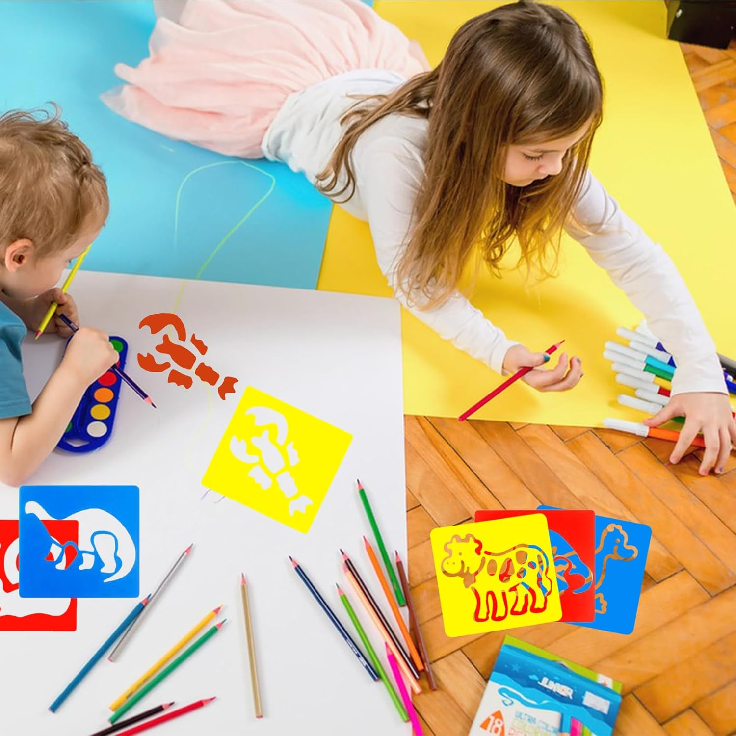 24 Pieces Stencils for Kids, 5.9 X 5.5 Inches Drawing Chalk Stencils, Colorful Washable Animal Themed Painting Stencil Primary Shape Template for Kids Toddlers Preschooler image number 1