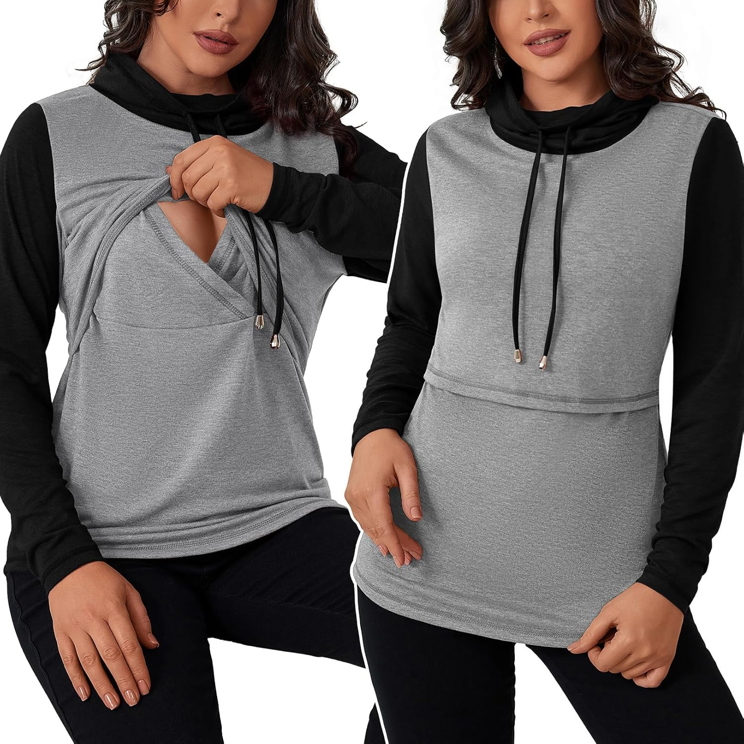 GINKANA Womens Nursing Tops Breastfeeding Sweatshirts Shirts Long Sleeve Drawstring Cowl Neck Nursing Tee Shirts Blouse