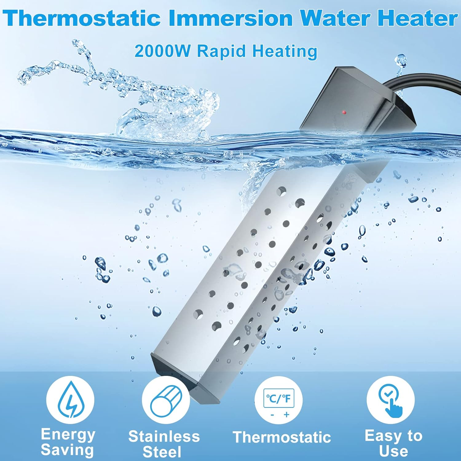 2500W Immersion Water Heater, Cadrim Constant Temperature Model Electric Submersible Water Heater, Stainless Steel Guard Cover and Built in Digital LCD Thermometer, Home Instant Water Heater image number 4