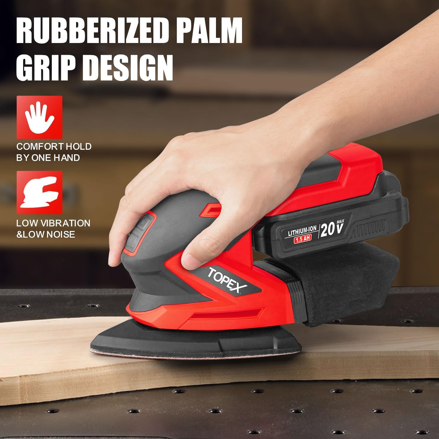 TOPEX 20V Cordless Detail Sander Electric Mouse Sander Handheld Sanding Machine Small Triangular Palm Sander for Home Decoration Furniture Finishing with Sandpaper & Dust Bag image number 1