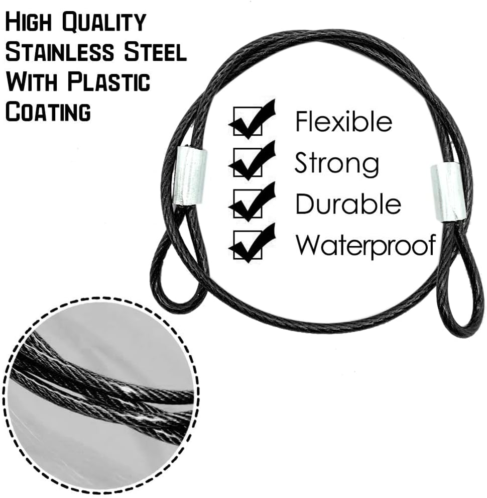 CKANDAY 10 Pack 20 Inch(50Cm) Stainless Steel Tethers with 4 Pcs Spring Snap Hook Clips, Steel Wire Cable with Loops Vinyl Cover Coated Short Rope Lanyard Lock Tether Chains, Black