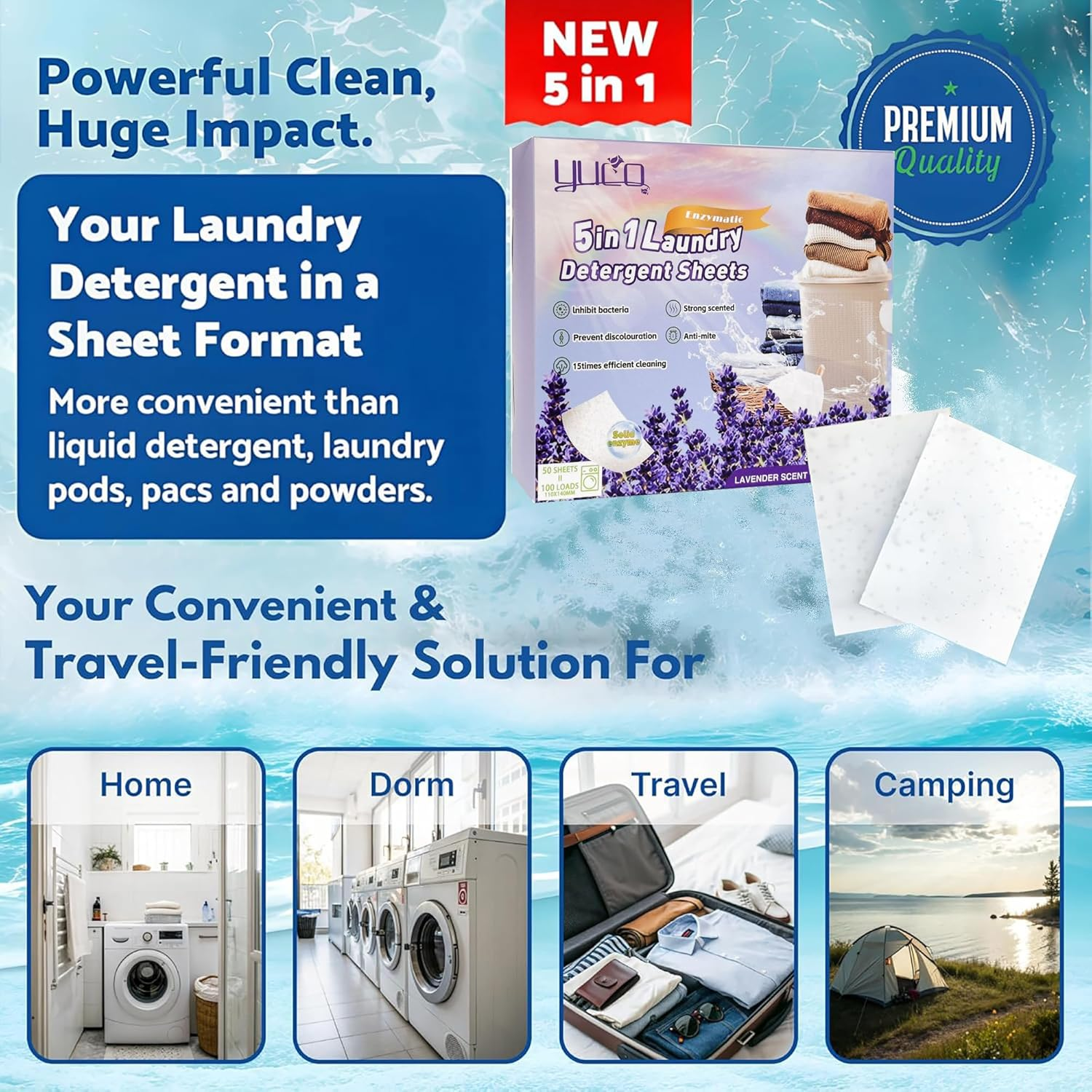 5-In-1 Laundry Detergent Sheets -100 Loads Ultra-Concentrated Stain Fighter & Color Catcher - Hypoallergenic, Plant-Based Laundry Soap - Fresh Lavender Scent, Travel-Friendly & Perfect for Dorms. image number 4
