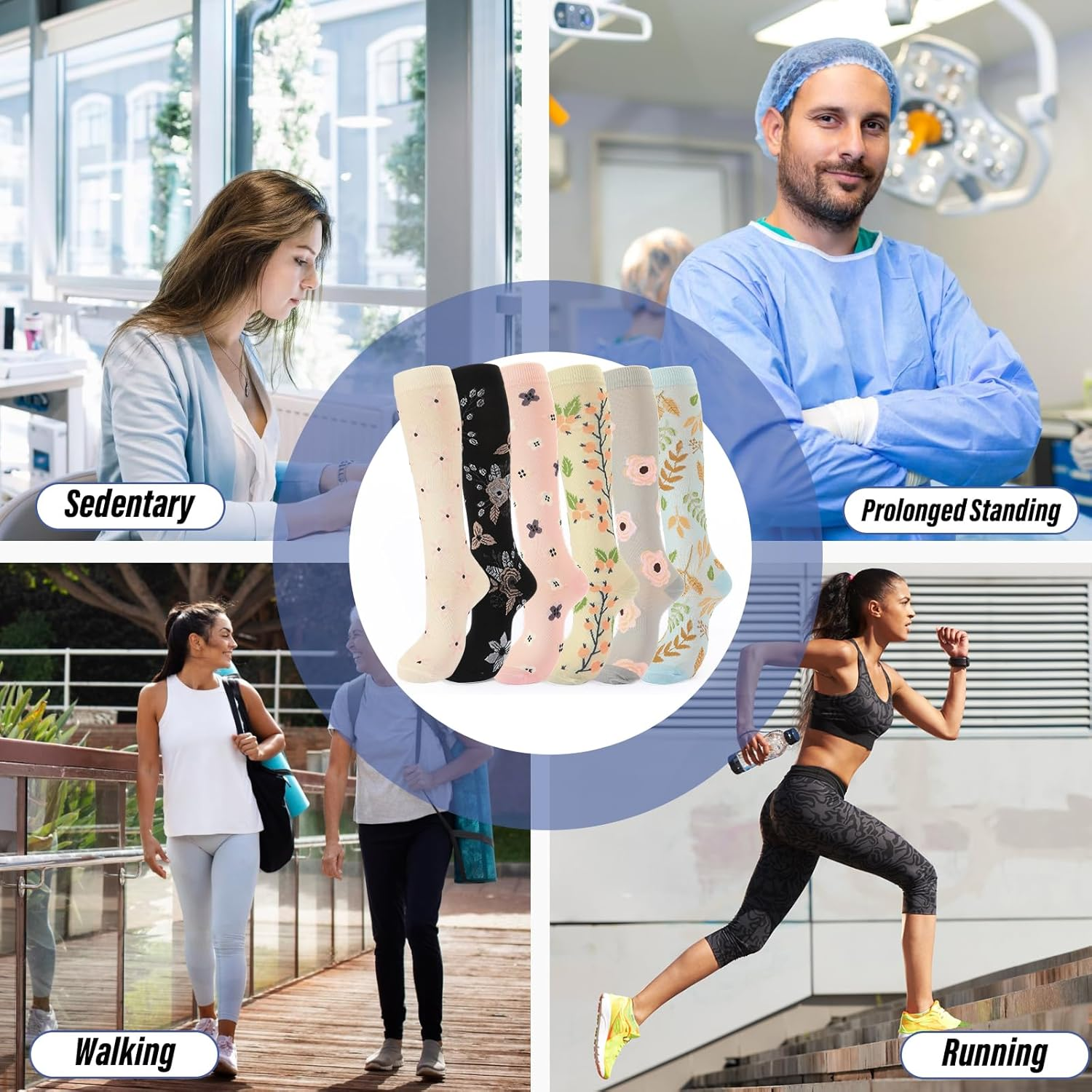 6 Pairs Compression Socks for Men Women Flying - 15-20Mmhg - Flight Calf Support Socks for Circulation Graduated Support Hosiery Bamboo Travel Compression Socks image number 2