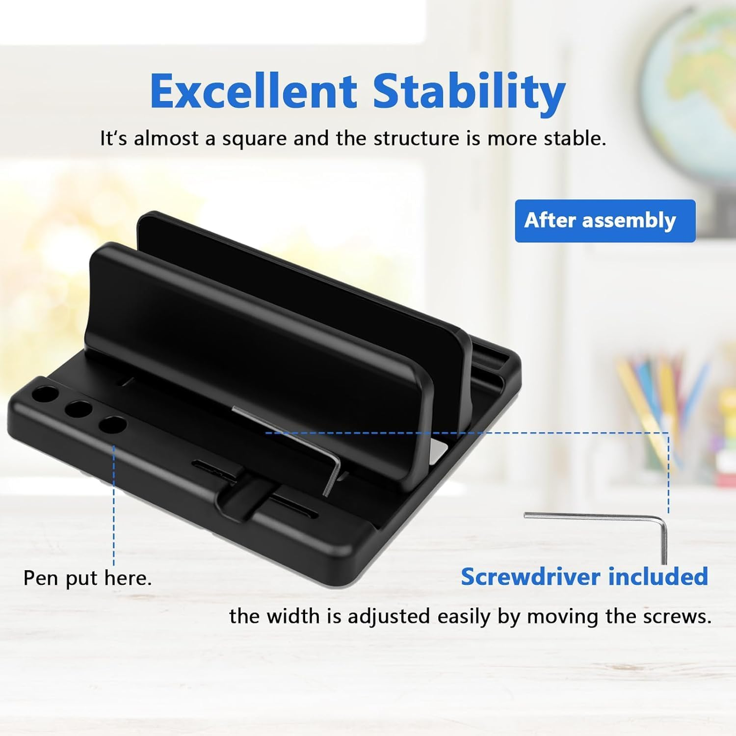 Vertical Laptop Stand Holder, ABS Organizer with Adjustable Dock, 3/4 in 1 Design Extra Storage Space-Saving, Sturdy Laptop Computer Holder for PC, Macbook, Mini PC, Ipad (Black-1 Slot)