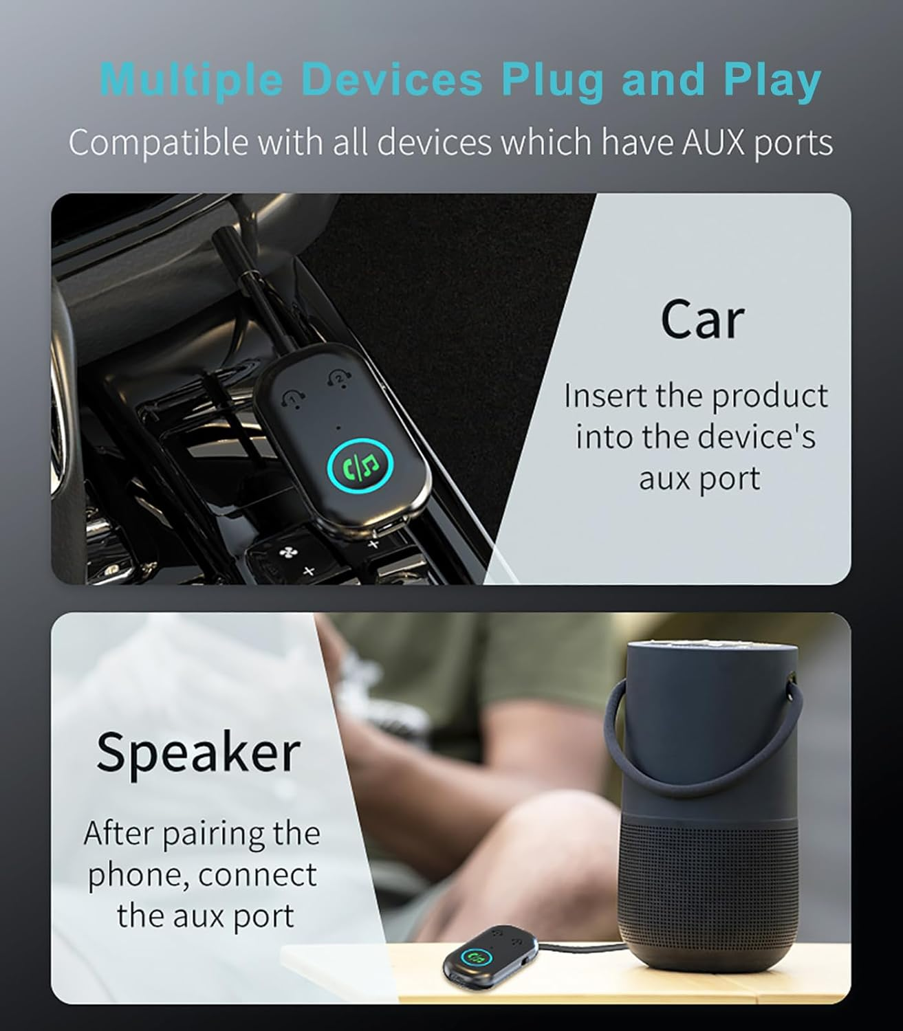 Airplane Bluetooth Transmitter, 2-In-1 Bluetooth 5.3 Transmitter Adapter for Airpods or Headphones Dual Pairs, 3.5Mm AUX Jack Wireless Audio Receiver for Flight, TV, Treadmill, Gaming Devices image number 1