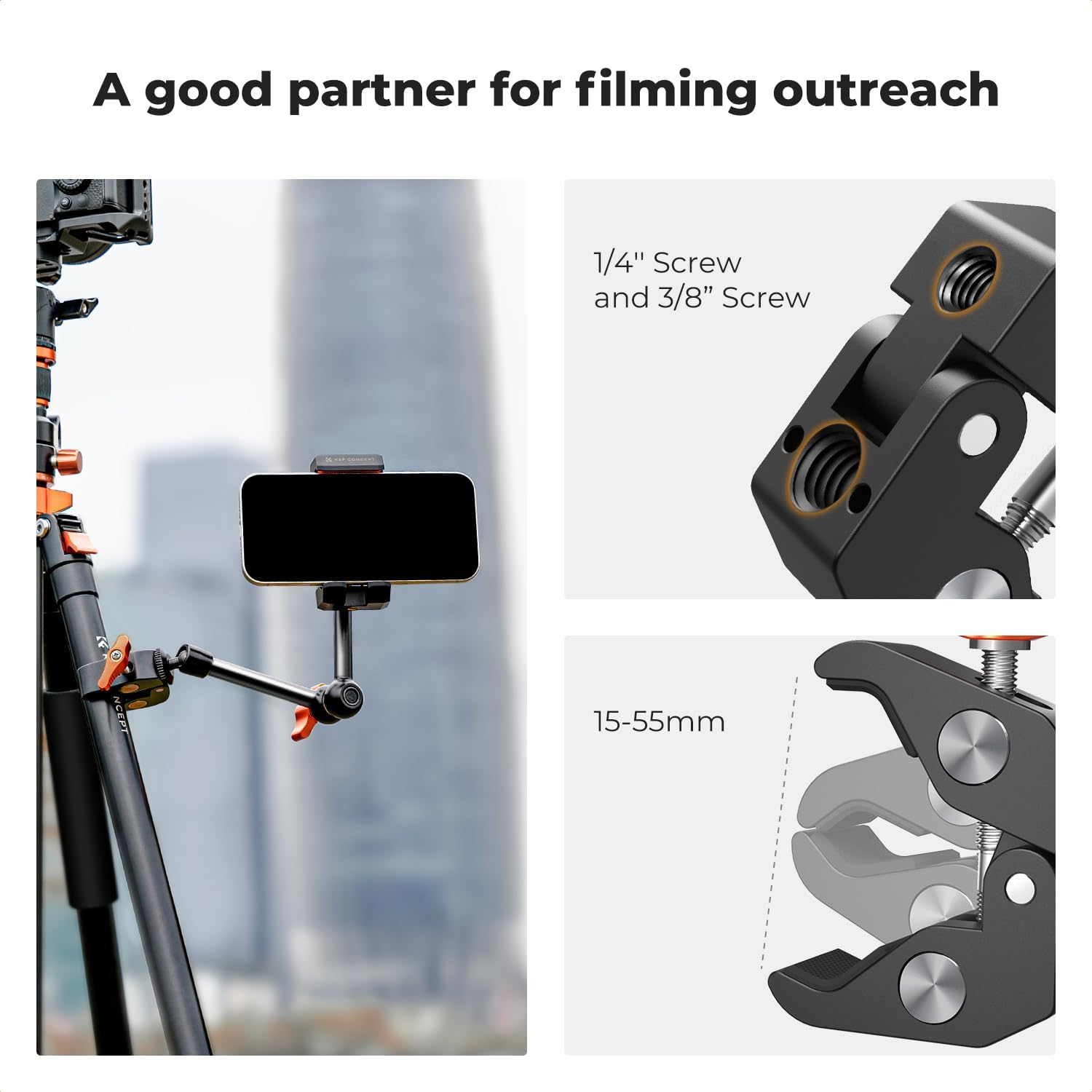 K&F CONCEPT 9.8" Magic Arm with Clamp, Super Clamp with 1/4" 3/8" Screw, Camera Arm with Cold Shoe Mount for DSLR Action Cam Monitor Tripod, Camera Mount Compatible with DJI Osmo Gopro Hero Insta360
