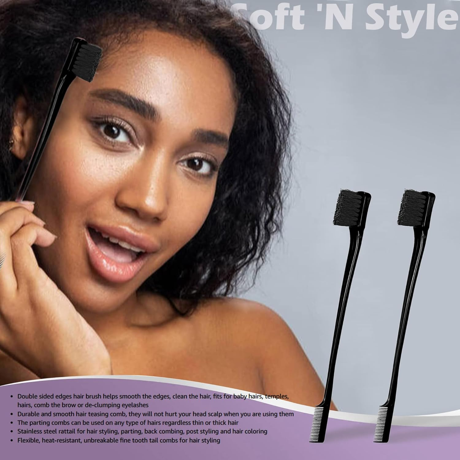 Soft 'N Style Double Sided Edge Control Hair Brush Comb Combo Pack 2 Pieces (Black) image number 6