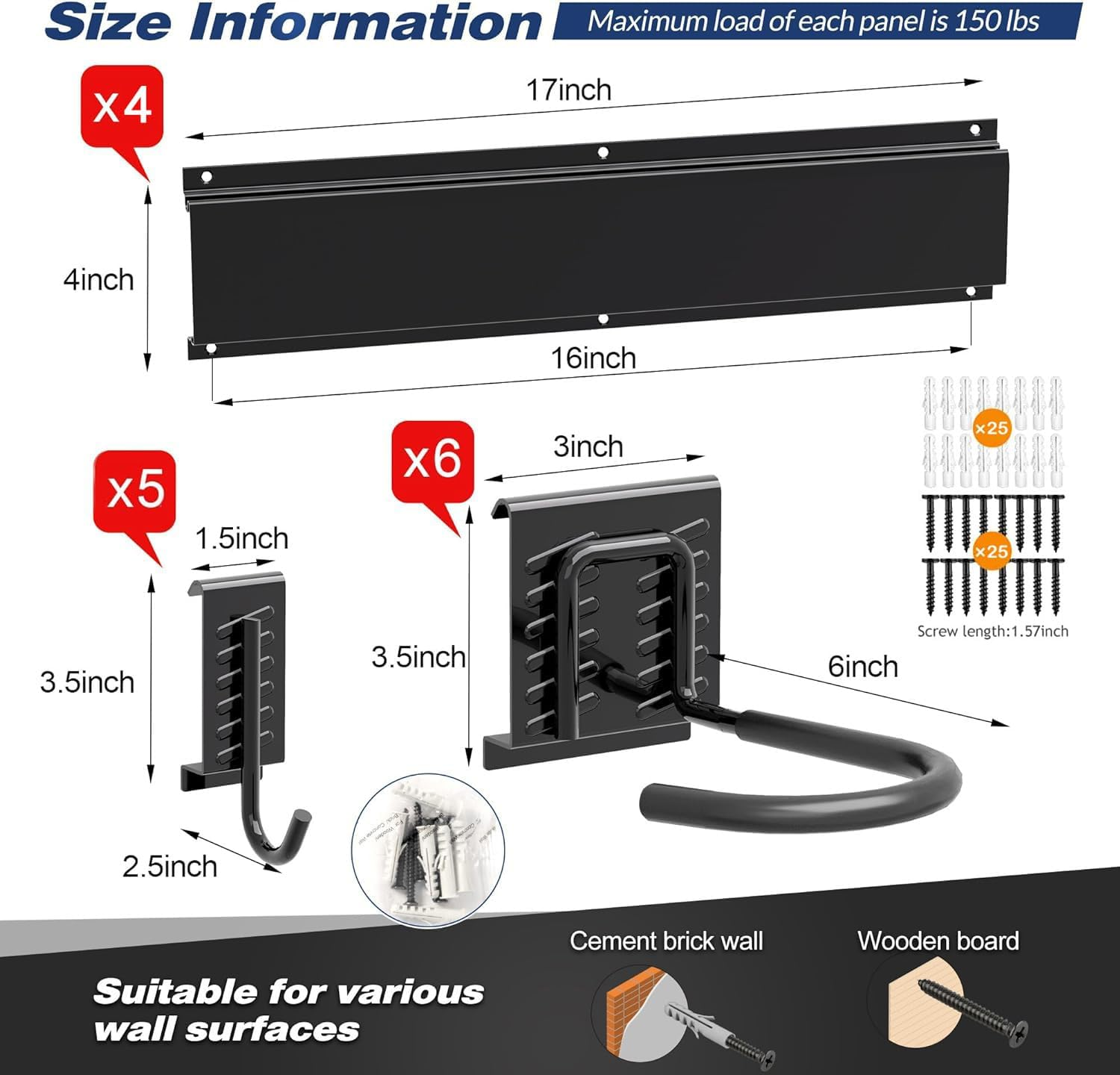 Bike Storage Rack, 6 Bike Racks & 5 Hooks for Garage, Wall Mount Vertical Bicycles Hanger for Home Space Saving, up to 600Lbs, 64-Inch image number 6