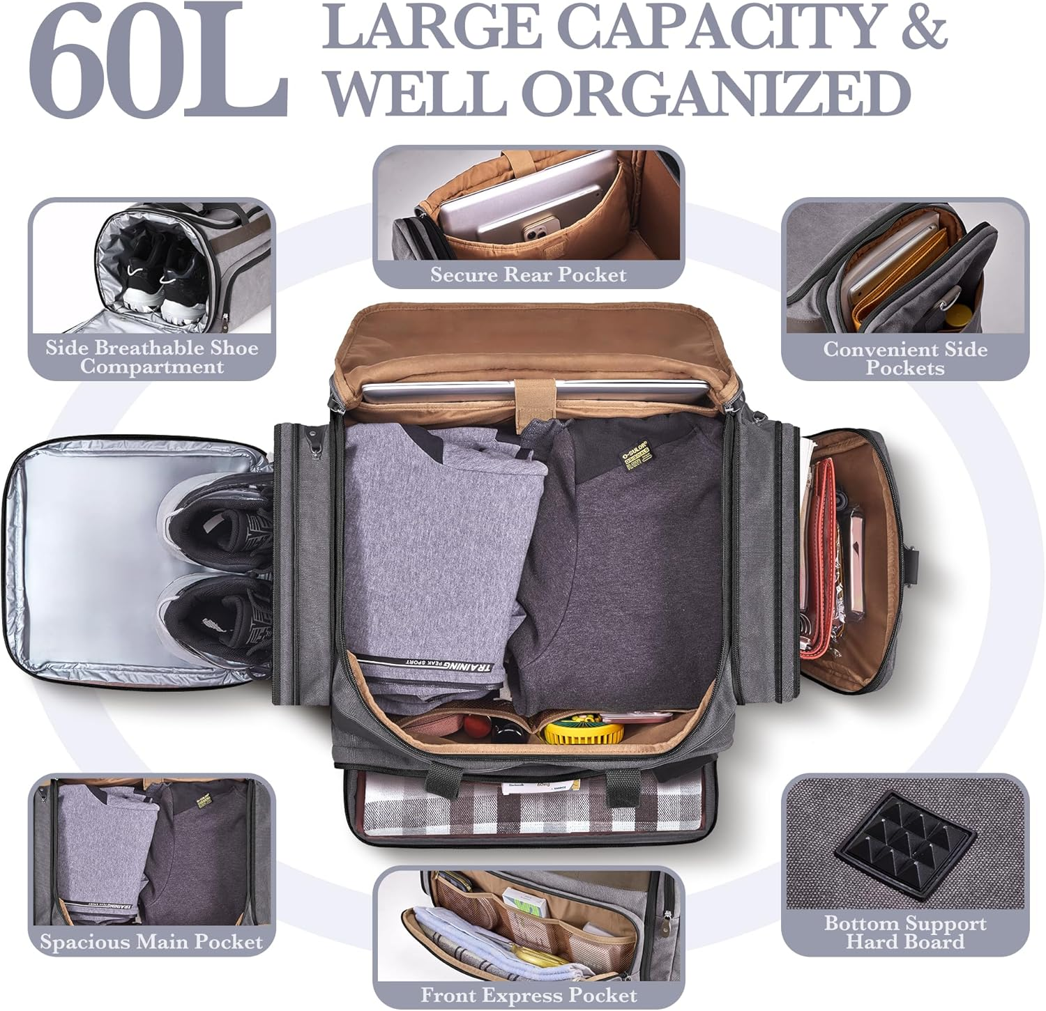 SHOWKOO Duffle Bag for Travel 60L Expandable Canvas Travel Bag Durable Vintage Weekender Overnight Carry on Bag, Dark Gray, Large-60L, Vintage