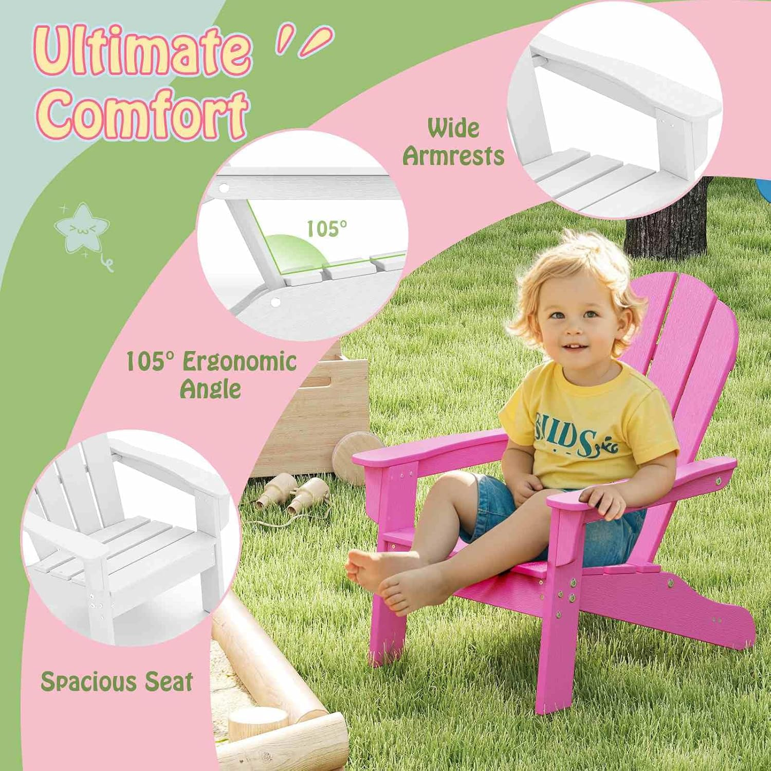 Costway Kid'S Adirondack Chair, All-Weather HDPE Toddler Lawn Chair with Ergonomic Design, Kid'S Outdoor Patio Furniture for Toddlers Boys Girls Ages 3-8 Years Old (Pink) - Brown image number 5